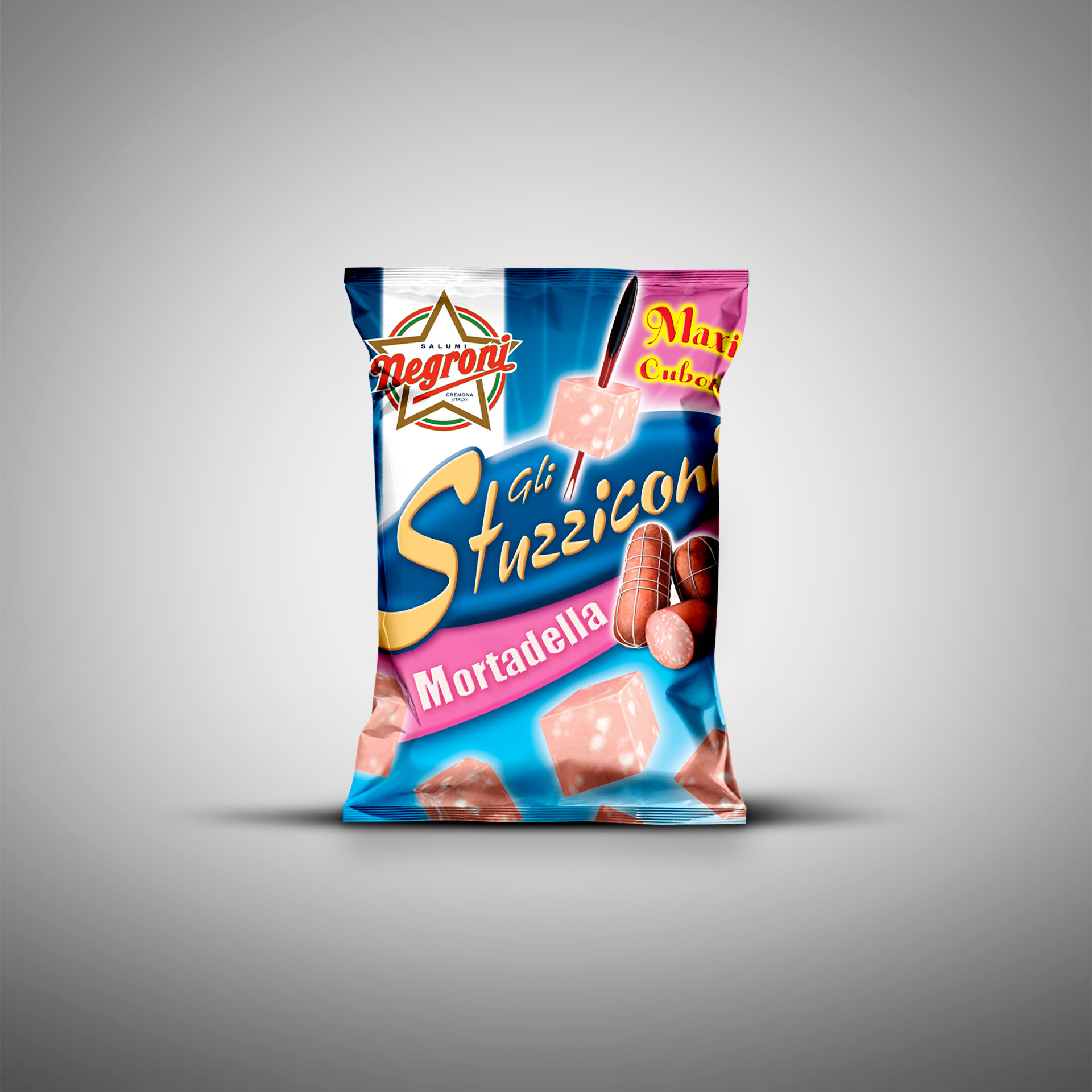 Packaging design Negroni sacchetto Gli Stuzziconi maxi cubotti mortadella