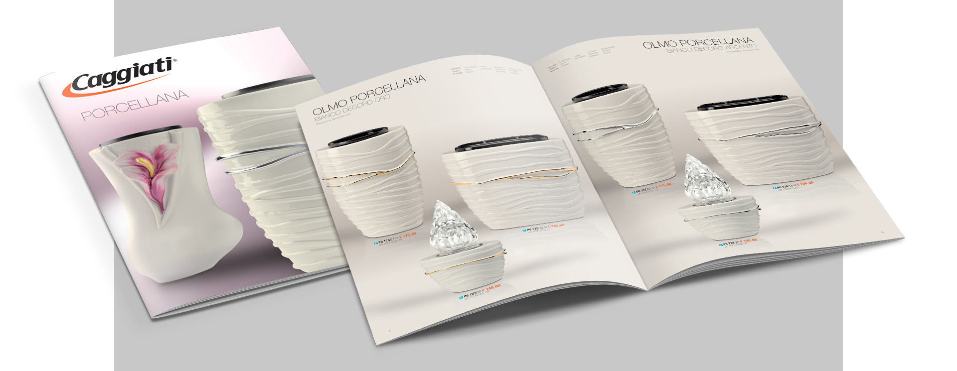 Brochure Caggiati dedicata alle nuove serie in porcellana per collezioni di arte funeraria.
