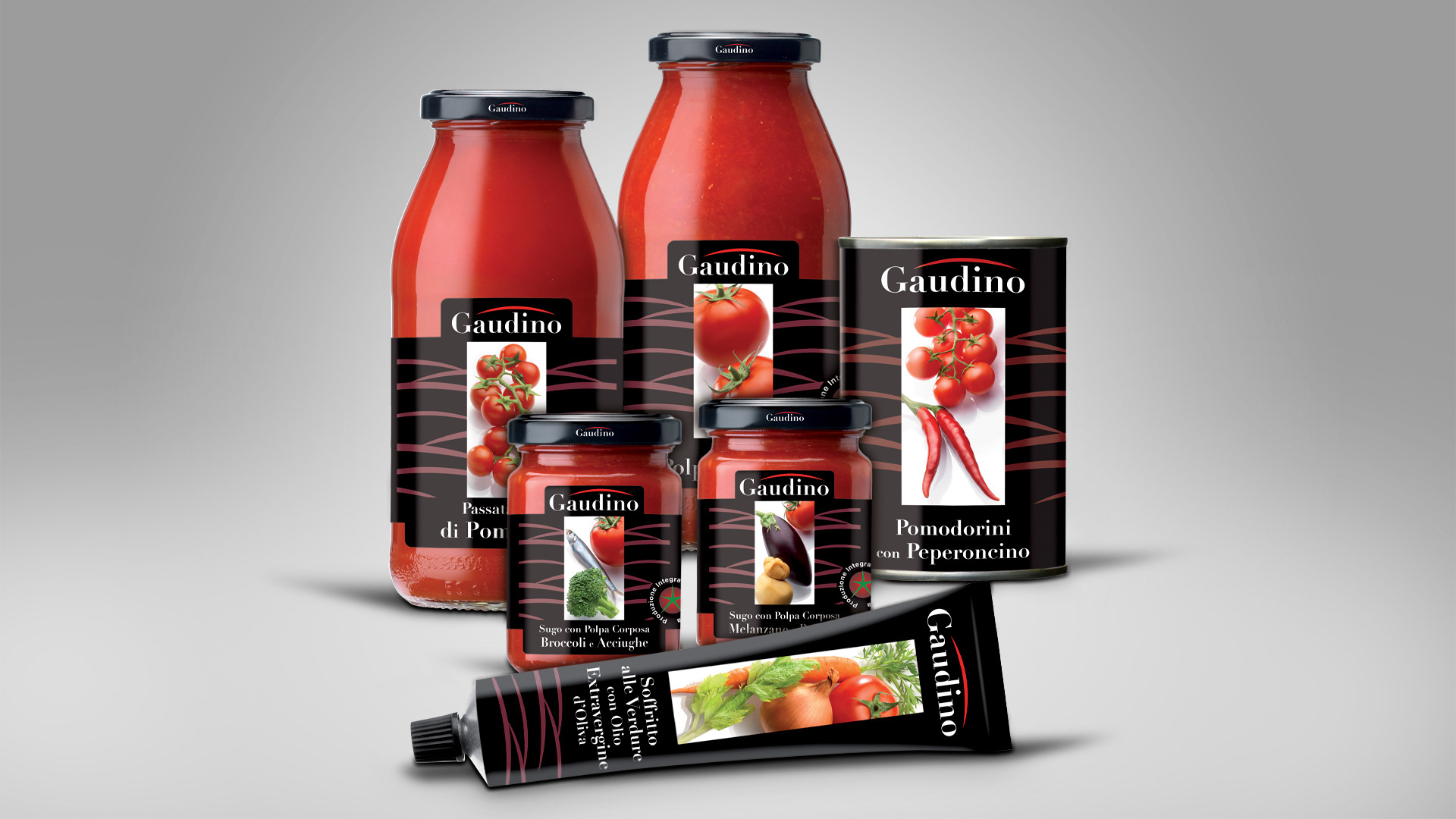 Packaging design Gaudino linea prodotti passate di pomodoro, sughi e soffritto in bottiglie, latte e tubetti