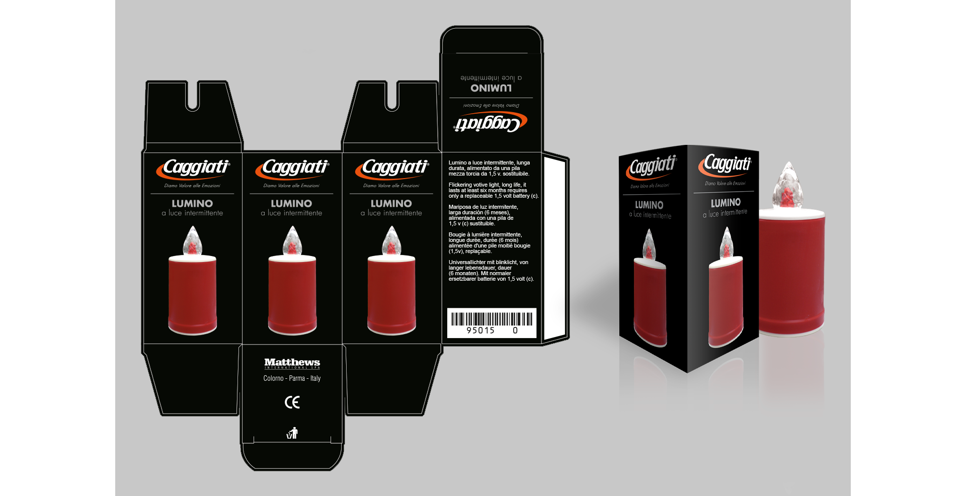 Mockup e steso packaging Caggiati per lumino a luce intermittente destinato al settore arte funeraria.