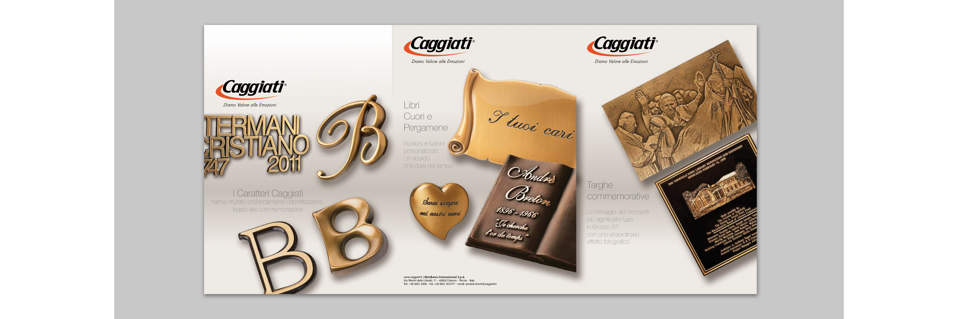 Inserzione pubblicitaria Caggiati per presentazione catalogo prodotti arte funeraria su stampa specializzata.