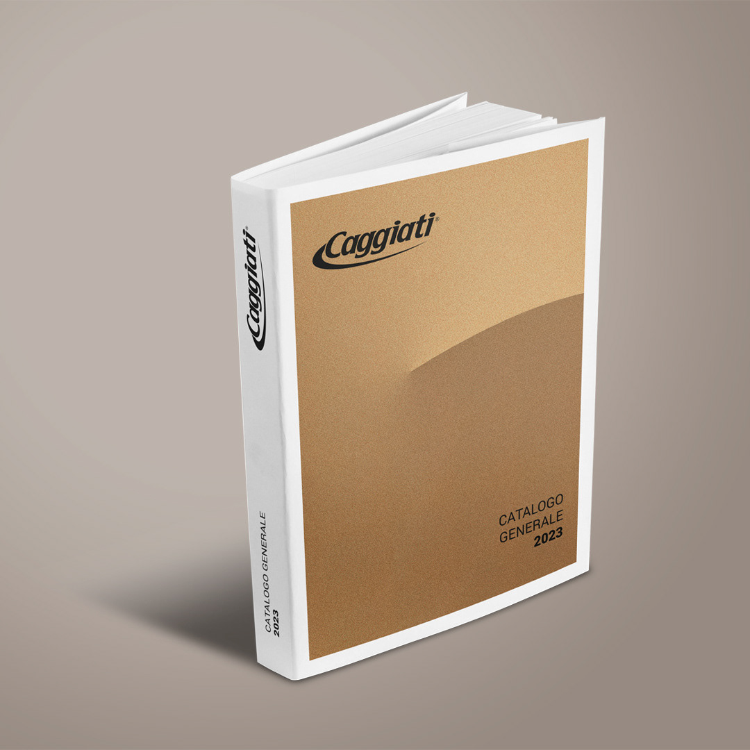 Mockup del catalogo generale Caggiati 2023 dedicato a collezioni di arte funeraria e arredo cimiteriale.