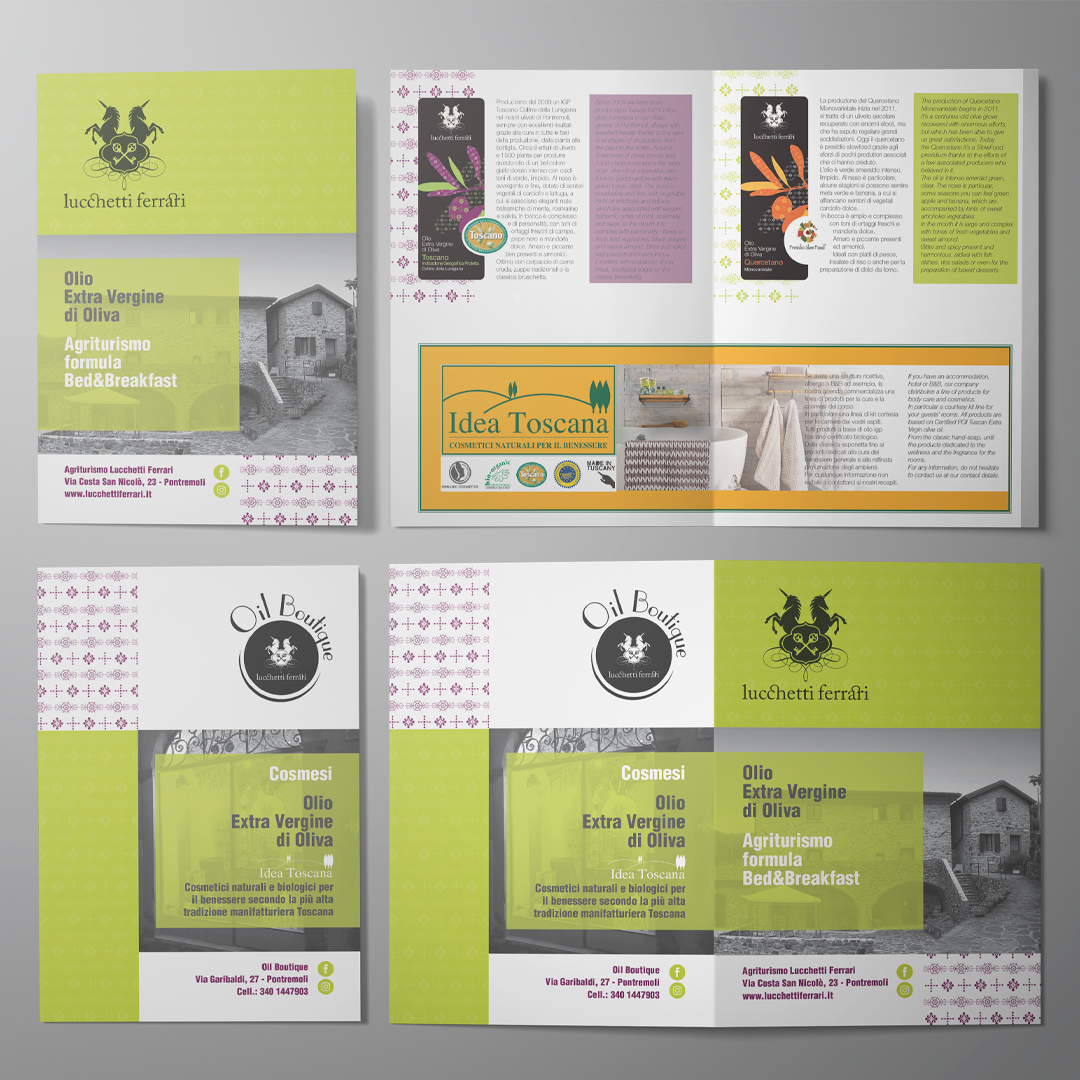Brochure Lucchetti & Ferrari per presentazione Agriturismo e Oil Boutique, attività distinte raccontate in un unico progetto editoriale.