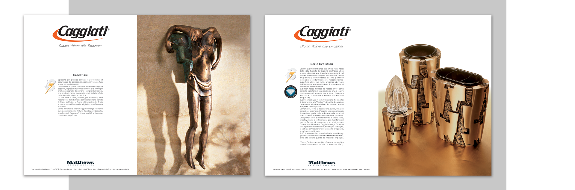 Doppie pagine ADV Caggiati per presentazione serie di arredo cimiteriale su rivista B2B del settore funerario.