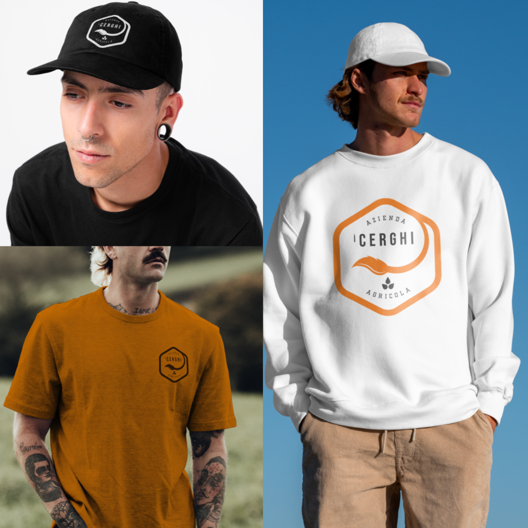 Magliette, felpe e cappellini i Cerghi con applicazione del logo e dell’identità visiva azienda agricola.