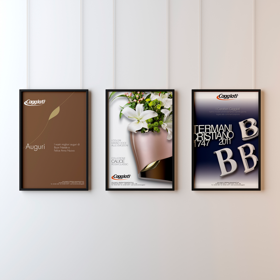Serie di poster promozionali Caggiati con nuove collezioni di arte funeraria e close up dei dettagli in bronzo e marmo.