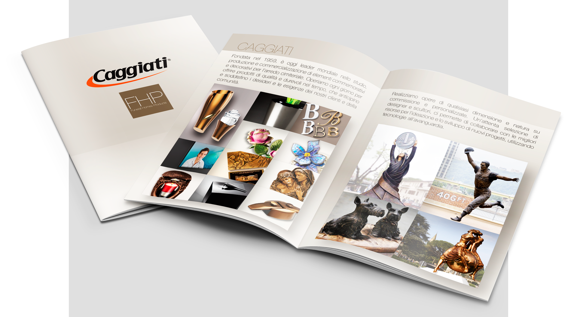 Mockup brochure istituzionale Caggiati per presentazione aziendale nel settore arte funeraria.