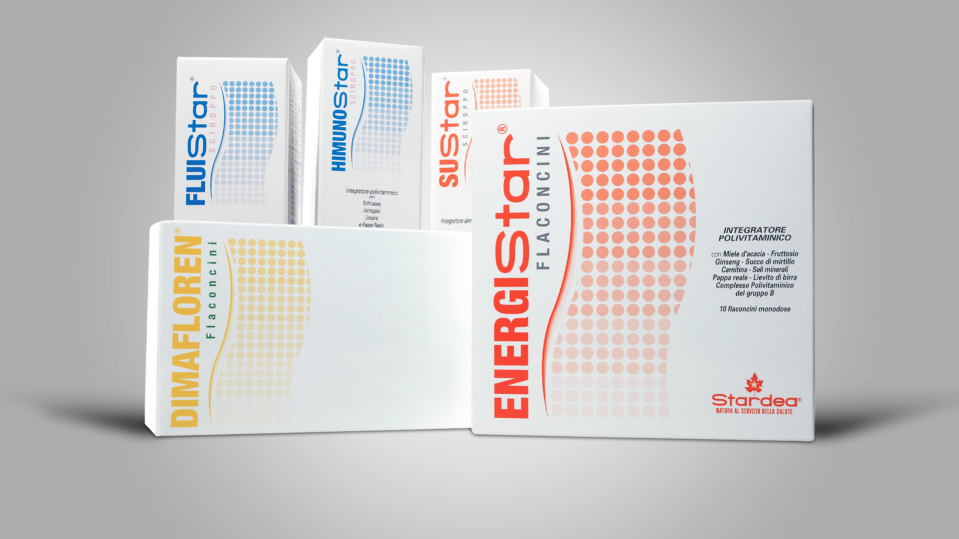 Packaging design Stardea integratori alimentari con sistema coordinato di confezioni