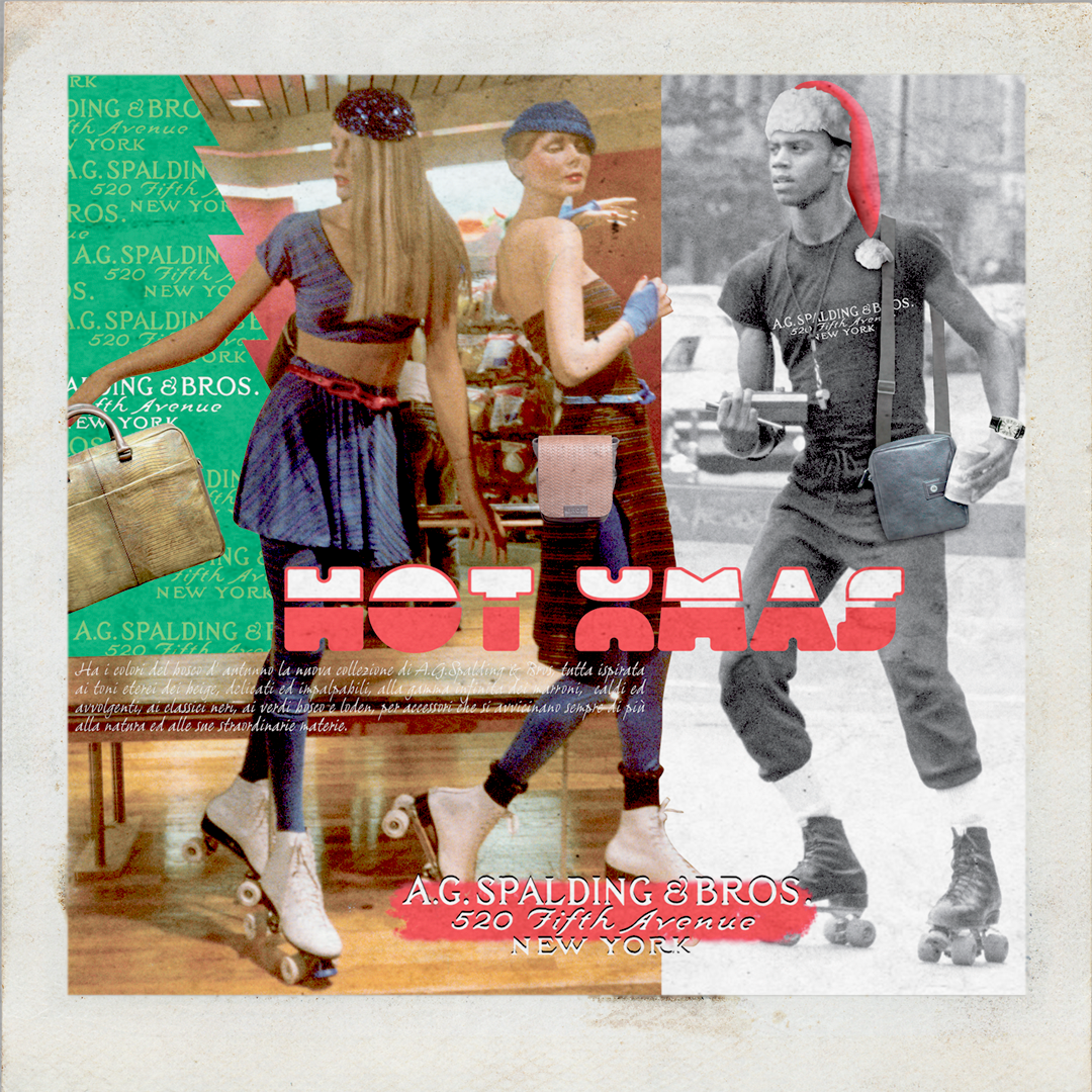 Allestimento vetrina A.G. Spalding & Bros. con borse in pelle indossate da manichini stile anni ’80 su pattini e da pattinatore urbano ispirato alla New York anni ’80.