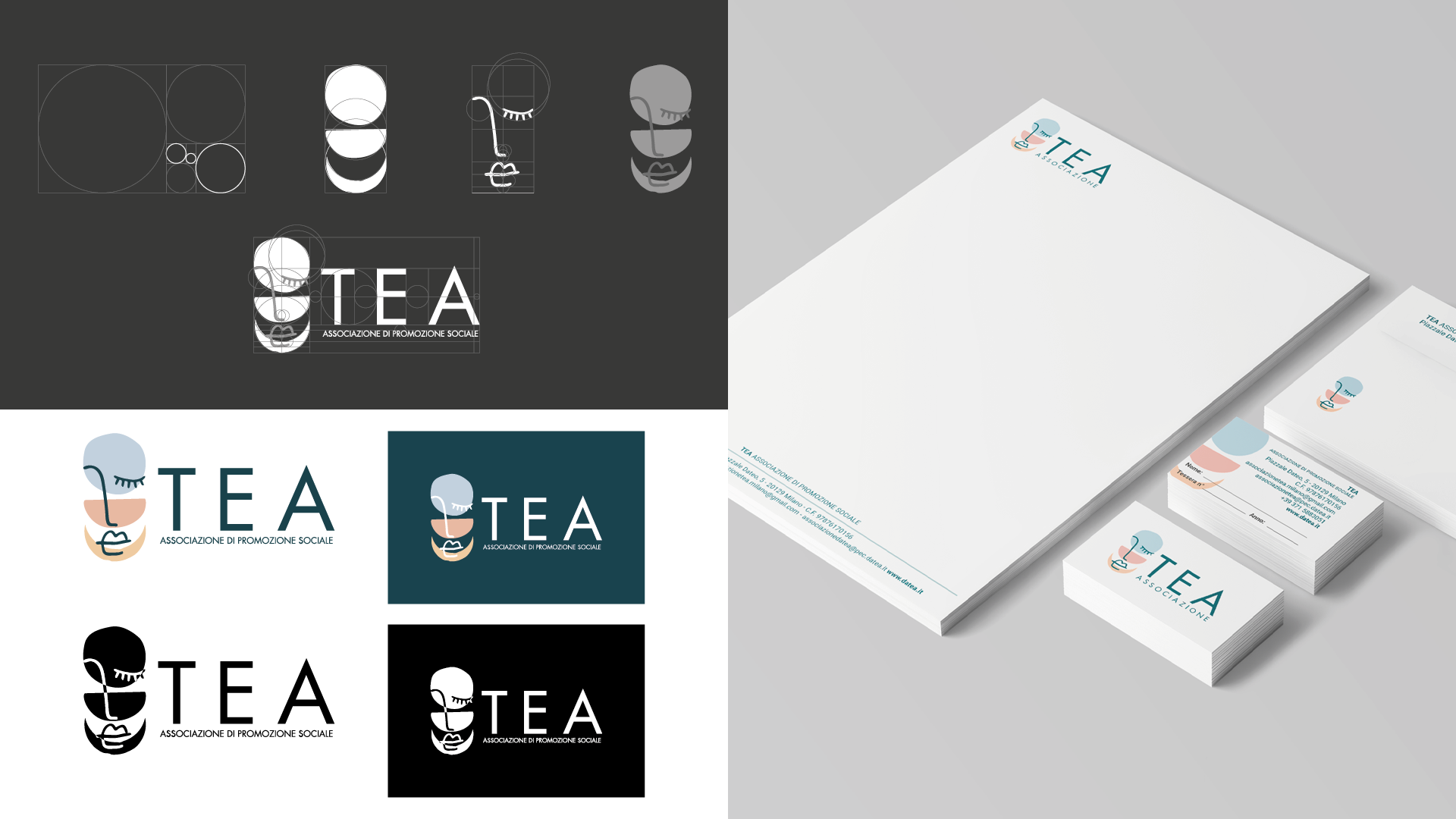 Logo design TEA associazione di promozione sociale Milano con applicazione su materiali coordinati