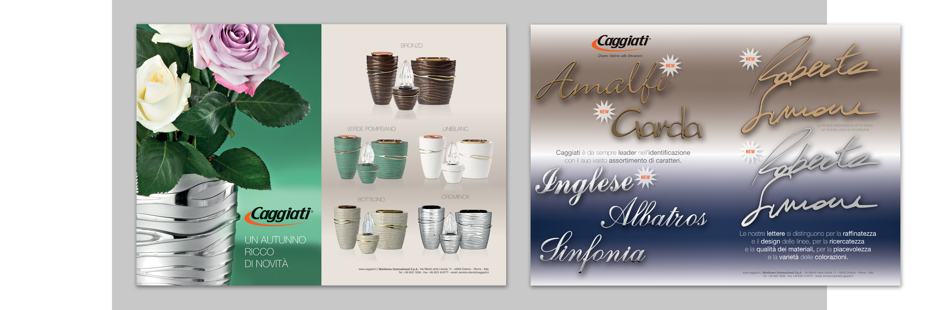 Doppie pagine pubblicitarie Caggiati dedicata a prodotti di arte funeraria e complementi per arredo cimiteriale su magazine B2B.