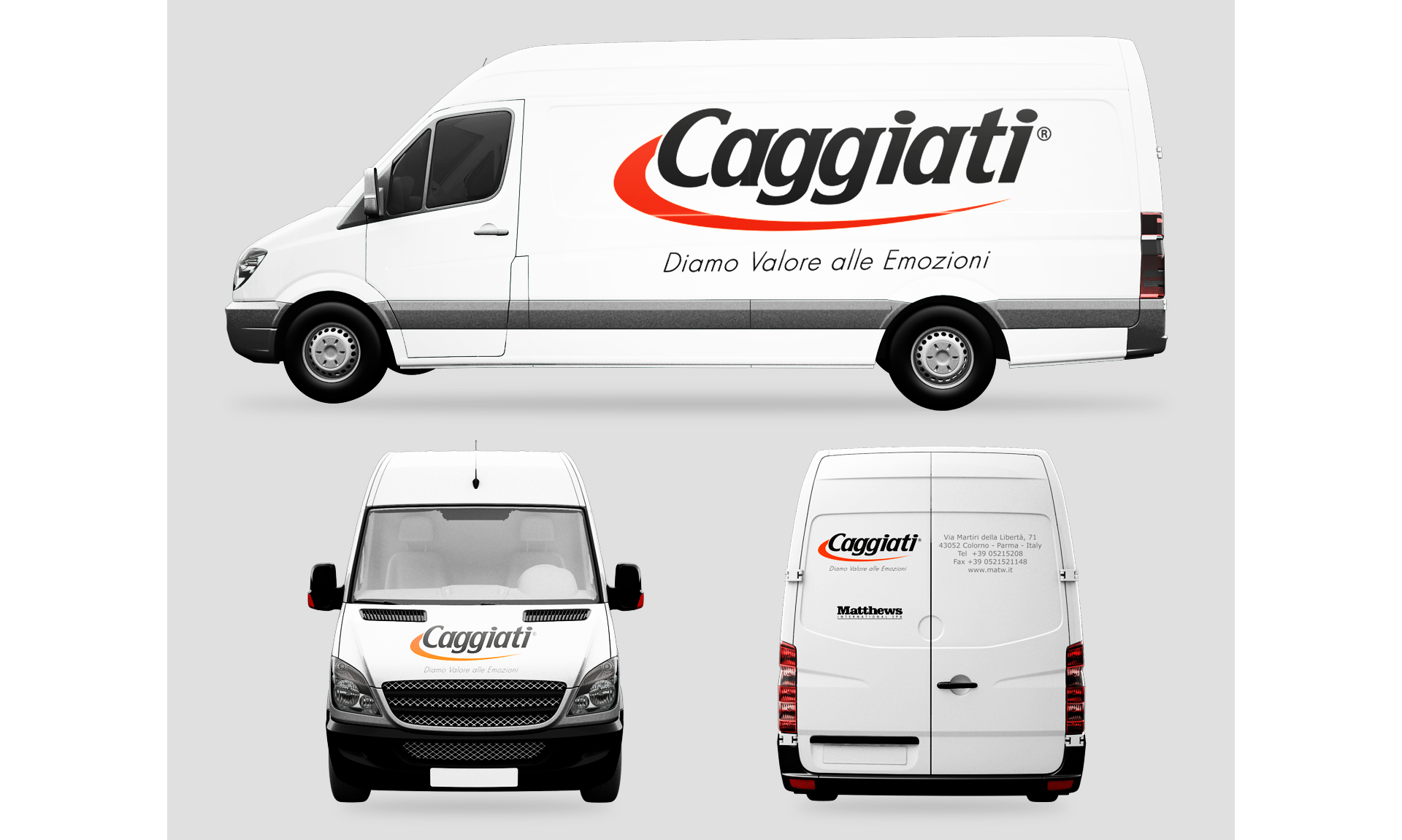 Furgone aziendale Caggiati brandizzato con logo e colori istituzionali per trasporto prodotti di arte funeraria.