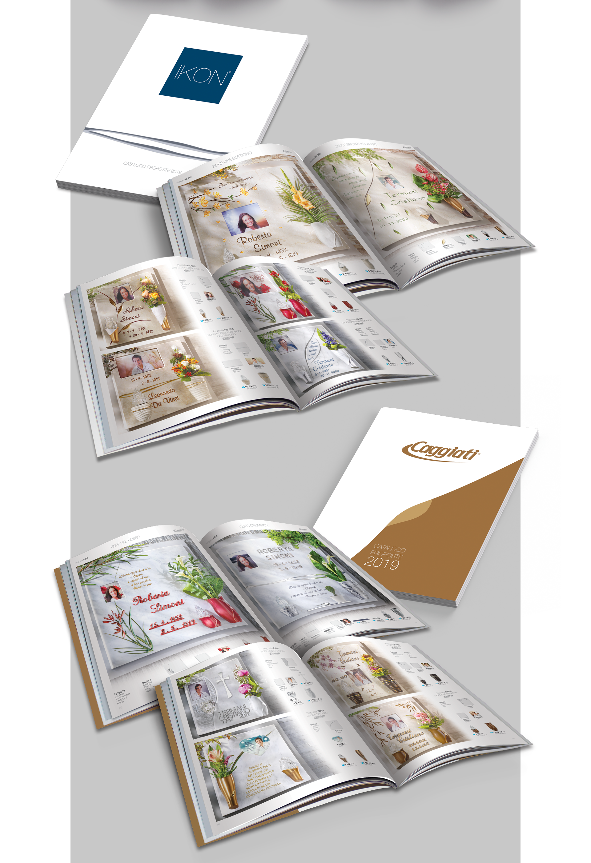 Cataloghi Caggiati Ikon e Caggiati Proposte 2019 in mockup editoriale per arredo cimiteriale e settore funerario B2B.
