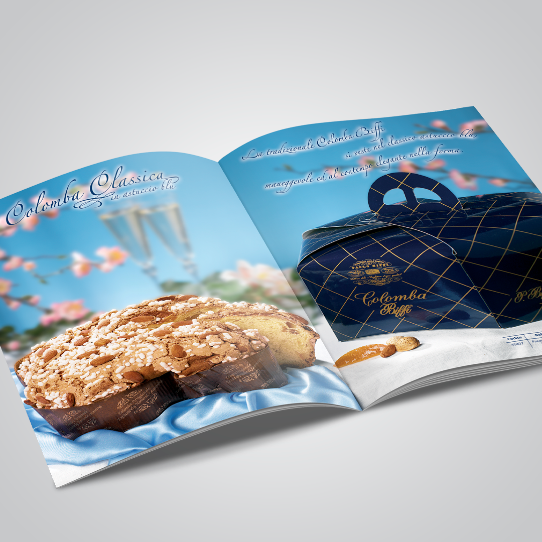 Doppia pagina catalogo Biffi dedicata alla Colomba Pasquale Classica con prodotto ambientato fuori e dentro il packaging.