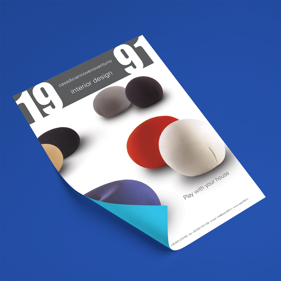Pagina pubblicitaria stampa per Casa 1991 Parma, negozio di interior design, con layout grafico dedicato alla promozione di arredi e complementi d’arredo.