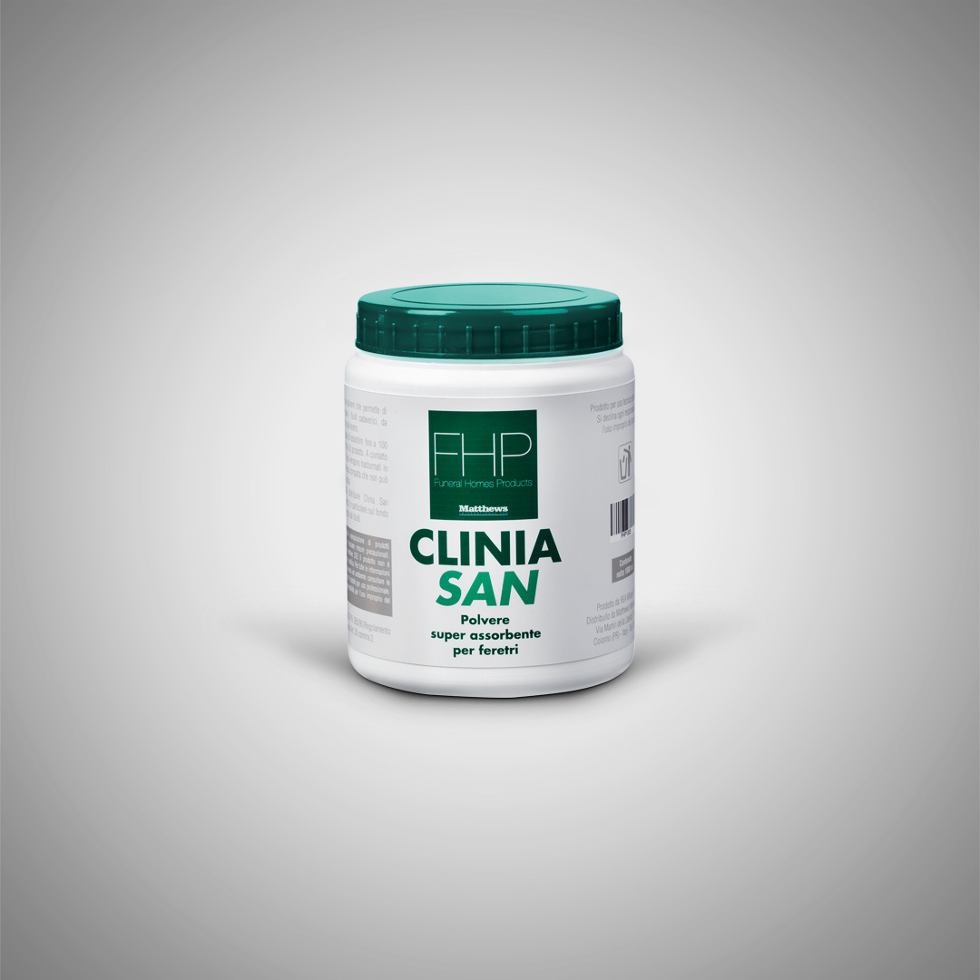 Packaging design FHP Clinia San etichetta polvere super assorbente per feretri