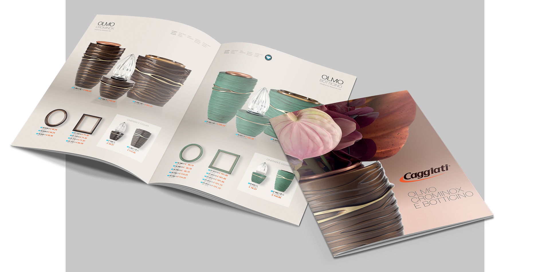 Brochure Caggiati di presentazione nuova serie Olmo per collezioni di arte funeraria e arredo cimiteriale.