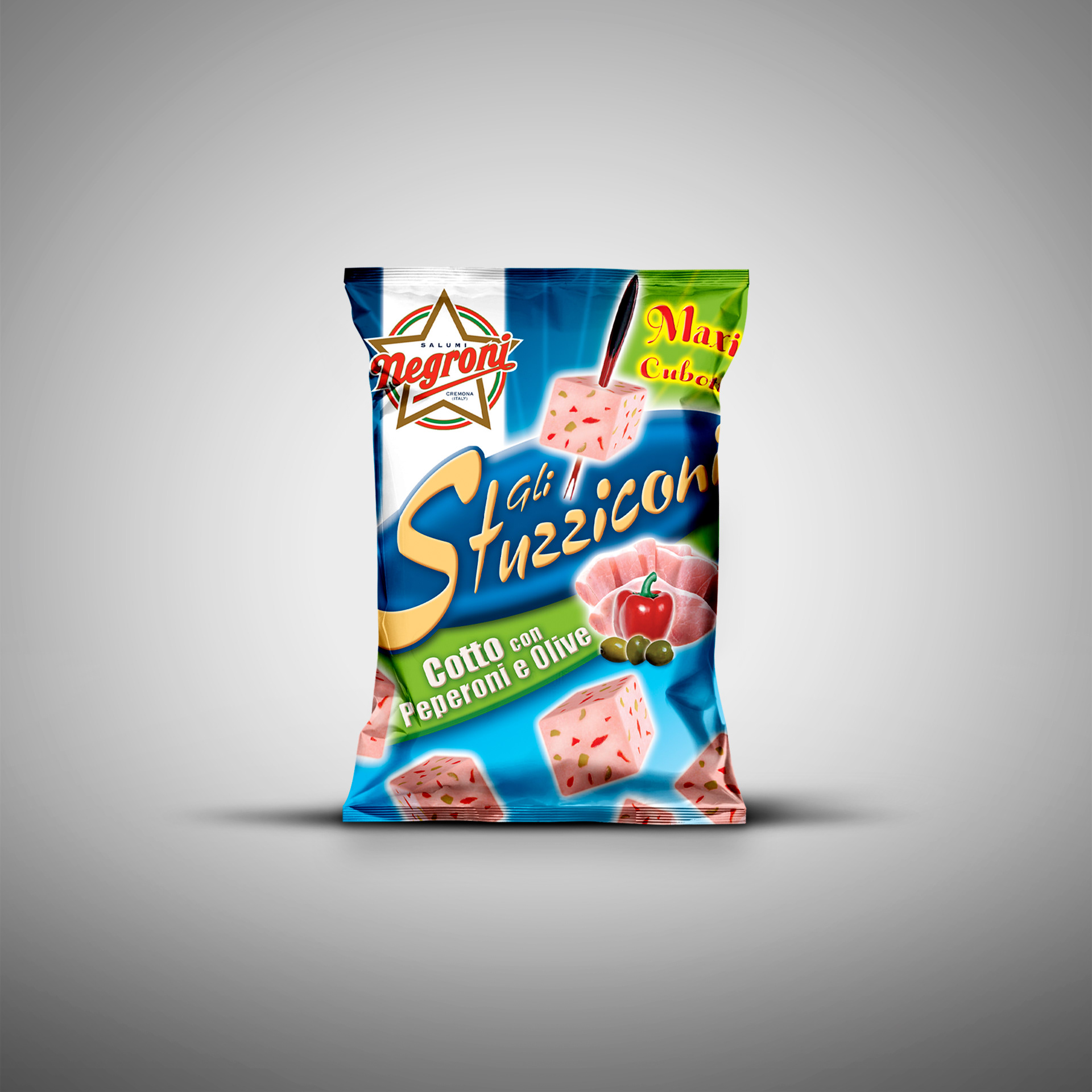 Packaging design Negroni sacchetto Gli Stuzziconi maxi cubotti prosciutto cotto con peperoni e olive