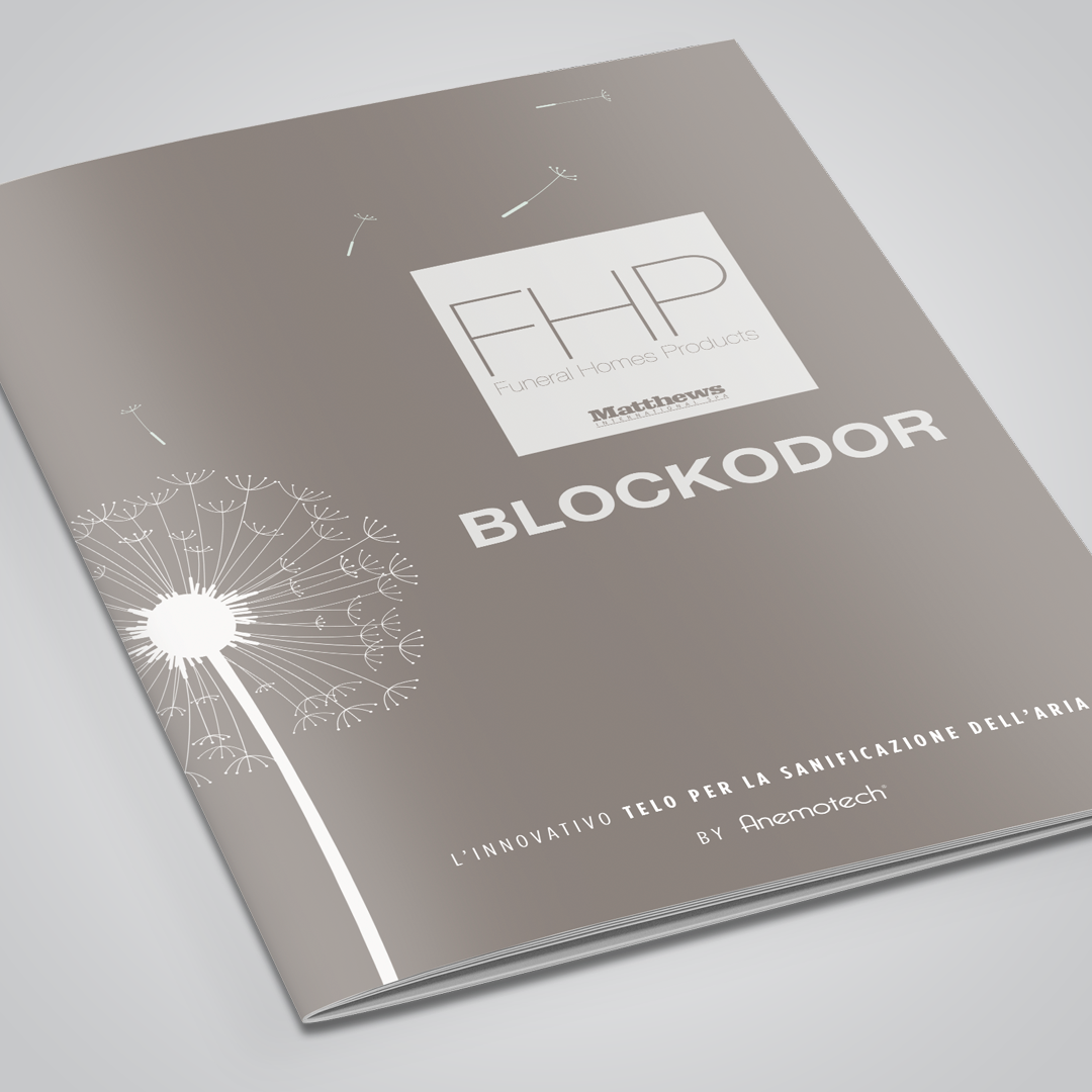 Copertina brochure Blockodor FHP con presentazione telo innovativo per la sanificazione dell’aria.