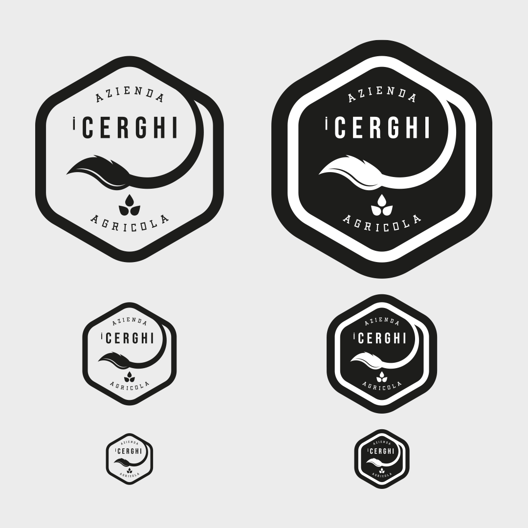 Test di scalabilità del logo i Cerghi con marchio bianco e nero in diverse dimensioni per verifica leggibilità.