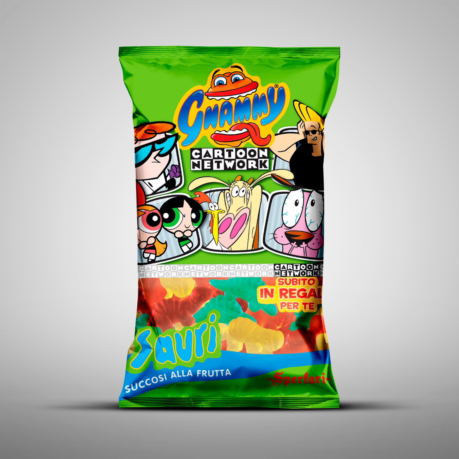 Packaging design Gnammy Sperlari sacchetto Sauri succosi alla frutta con promozione Cartoon Network