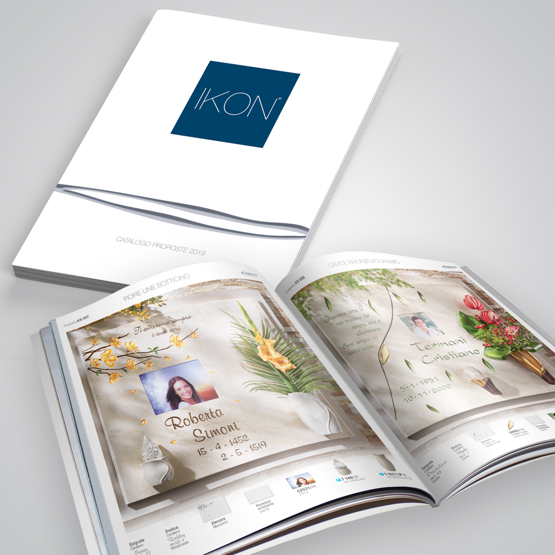 Copertina Catalogo IKON Caggiati con grafica minimal ispirata alla serie Olmo e pagine interne con proposte di arredo loculo con incisioni e prodotti in bronzo.
