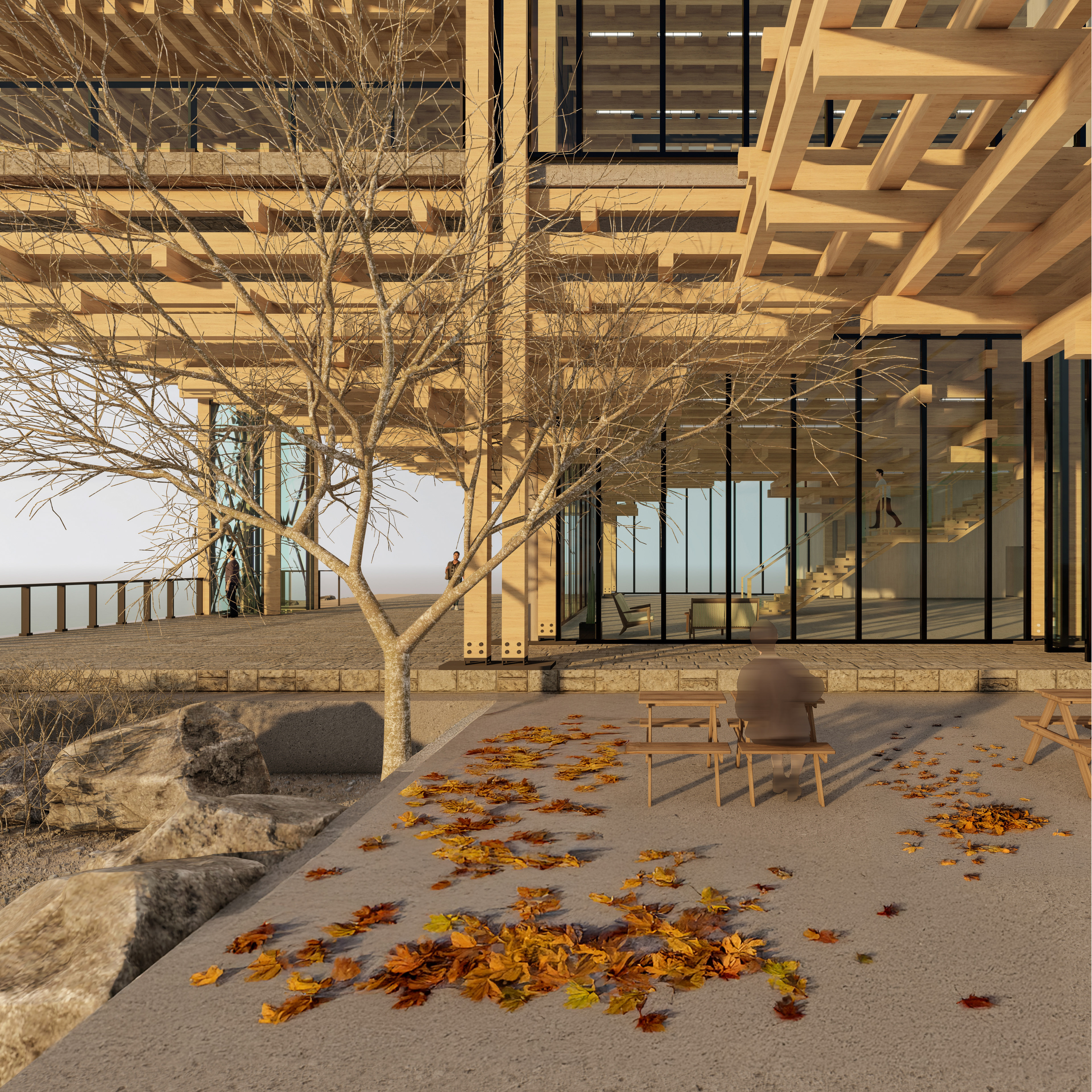 Exterior render of the cafeteria area