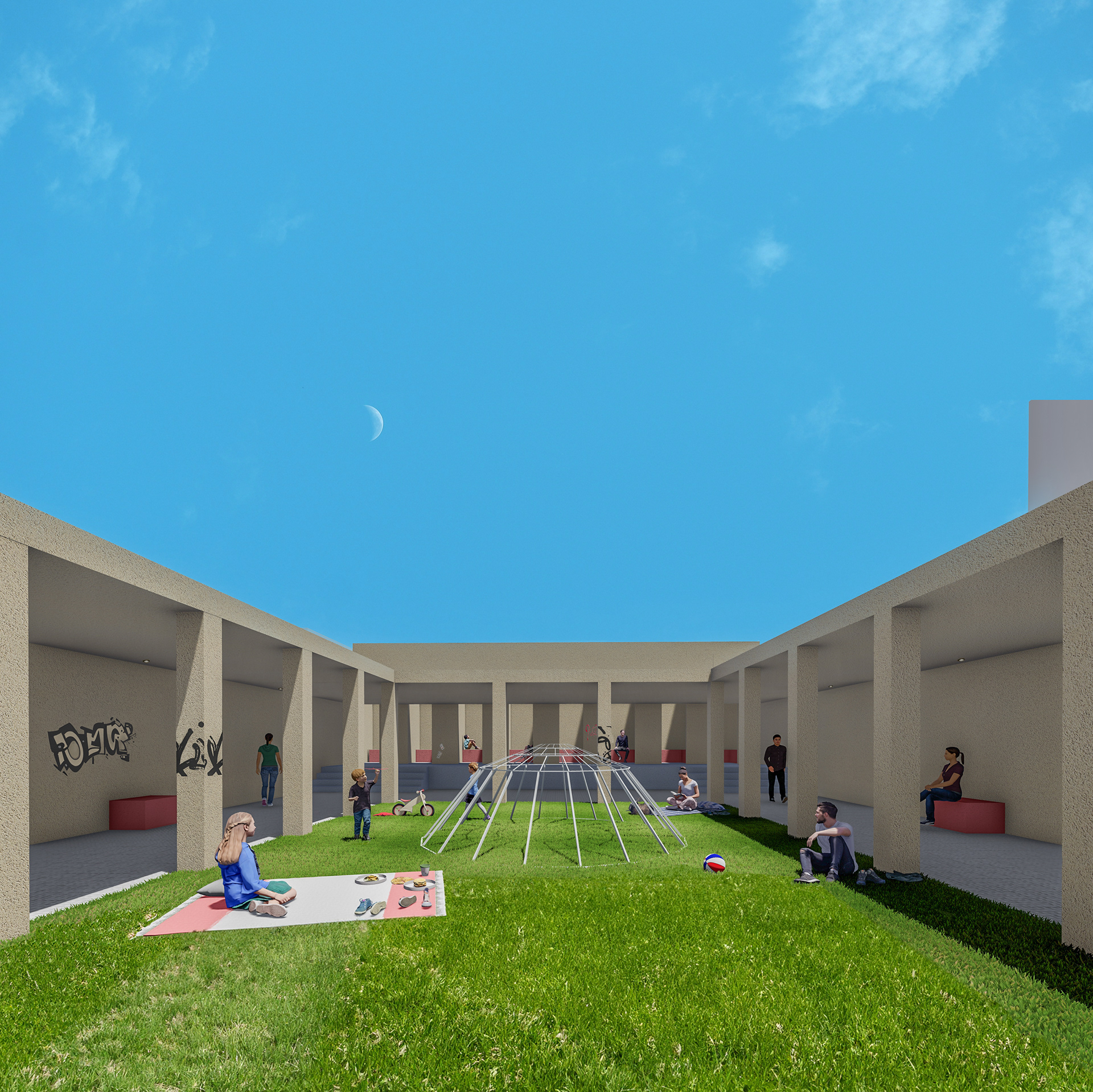 Exterior render featuring an art installation