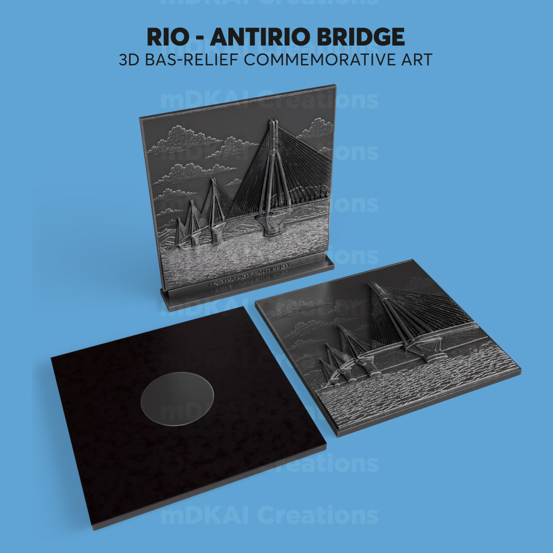 A single multi-purpose piece shown in both display options: as a standalone tabletop sculpture with its custom base (left), and a double-sided magnetic art card showing the front and reverse view (right).