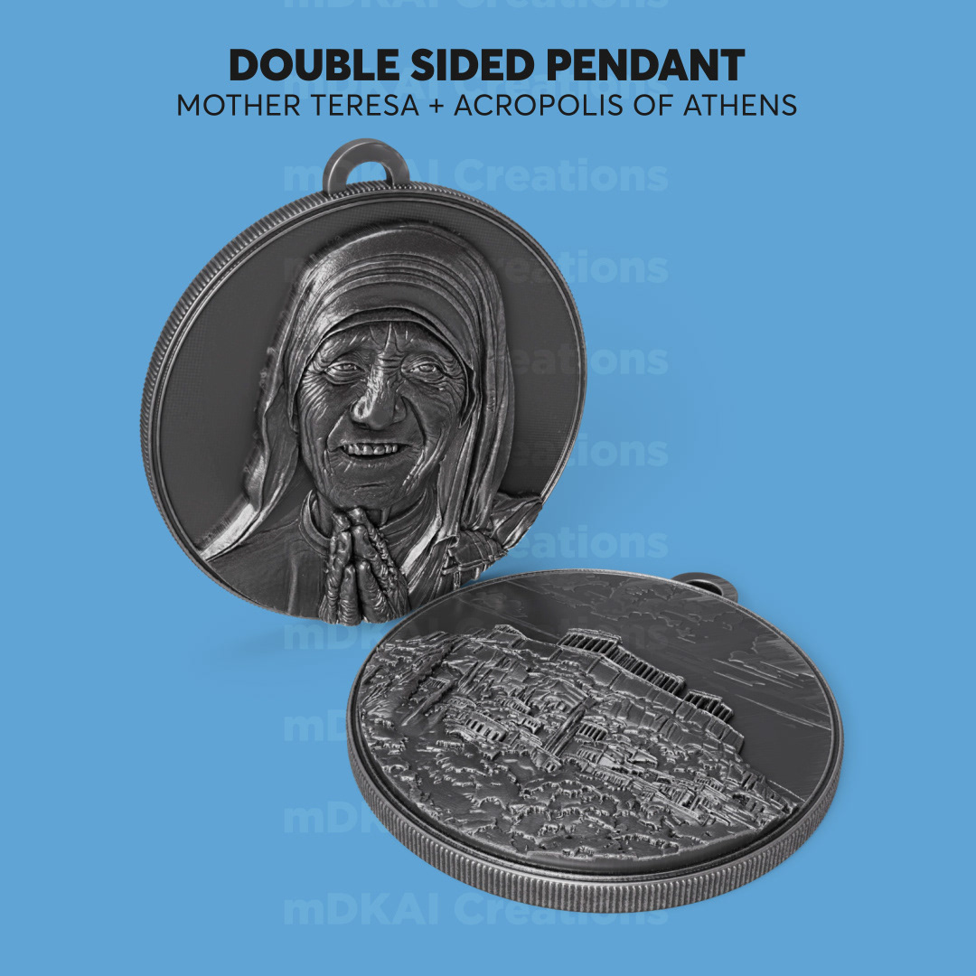 Double-sided pendant (Mother Teresa / Acropolis) – Approx. 5cm (2")