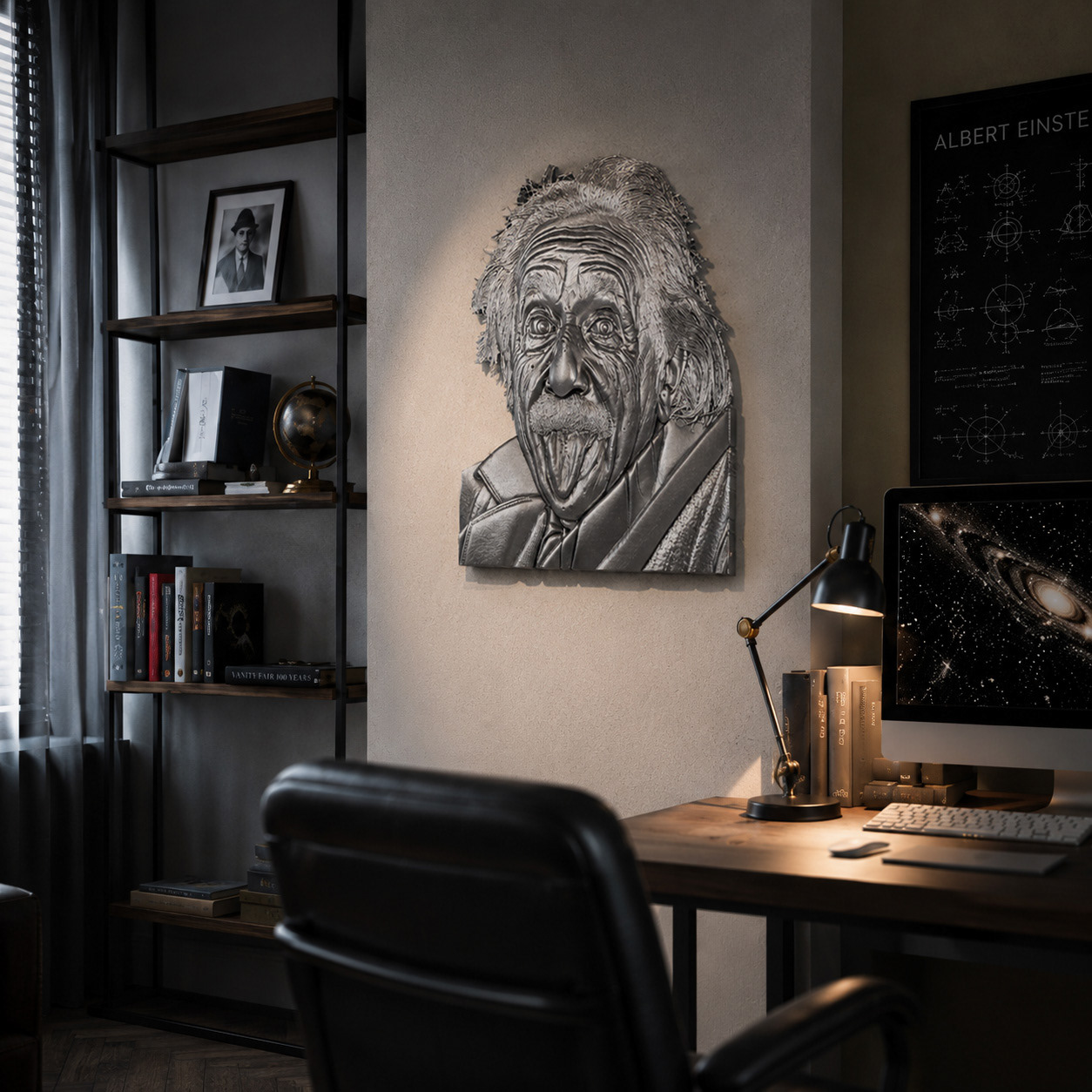Albert Einstein 3D relief portrait in an office setting – Approx. 65cm (25.6")