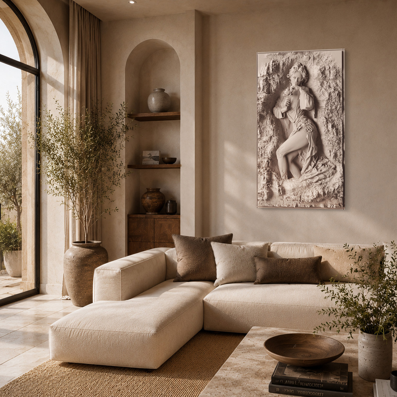 Classical figure 3D relief sculpture in a modern living room setting – Approx. 140cm x 75cm (55" x 29.5")