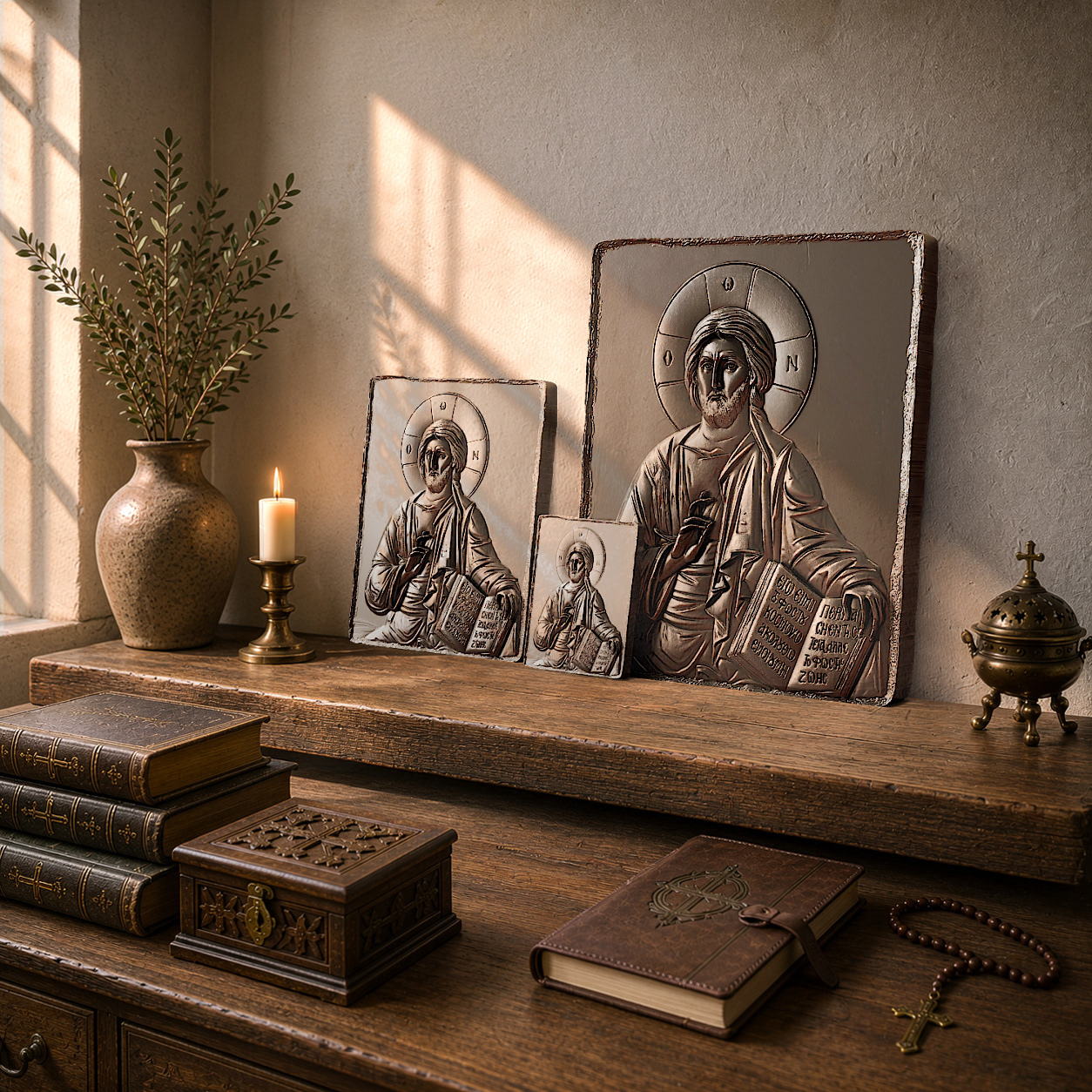 Christ Pantocrator 3D bas-relief icons – Available in 10cm (3.9"), 20cm (7.9"), and 30cm (11.8")
