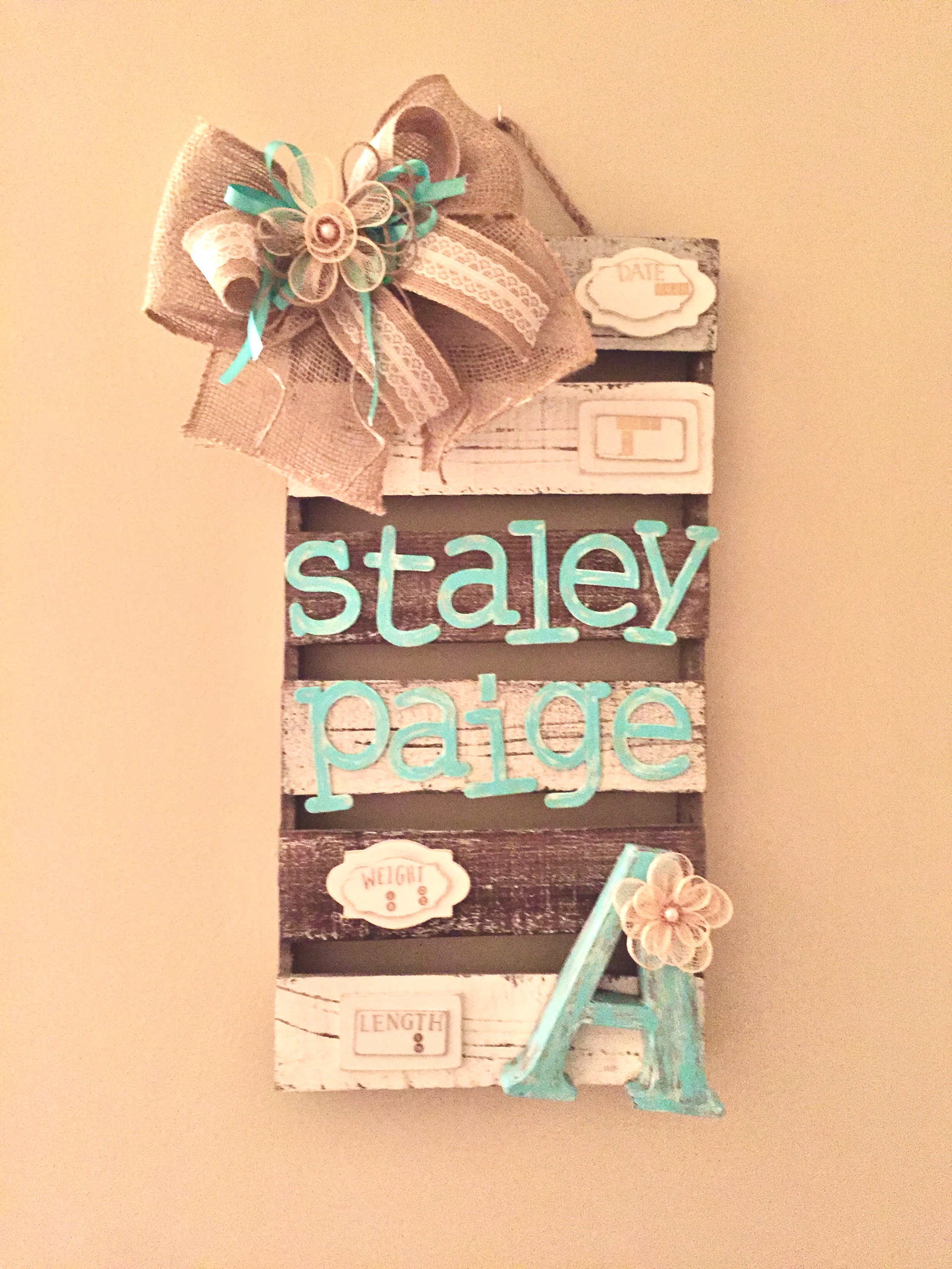 Pallet Style Wood with burlap ribbon and floral design. Turquoise and antique white with gold accents