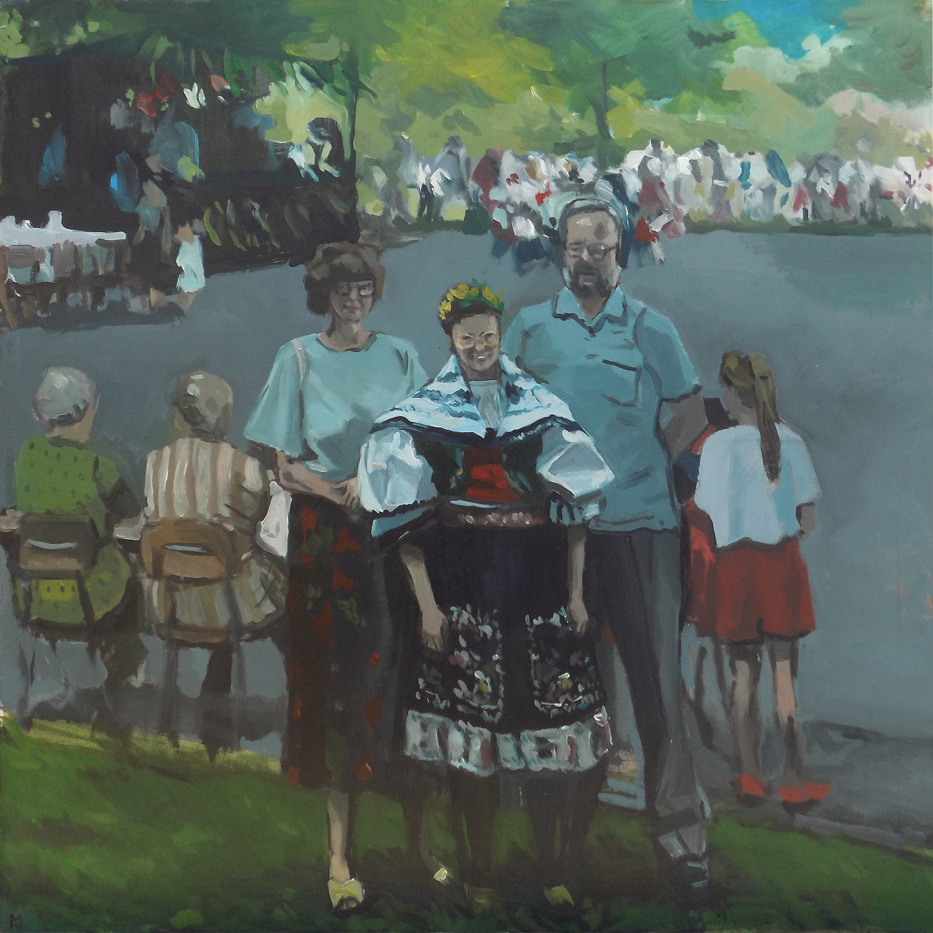 Portrét Dr. Hany Kovaříkové Mikoláškové s rodiči, akryl na plátně, 100 × 100 cm | Soukromá sbírka