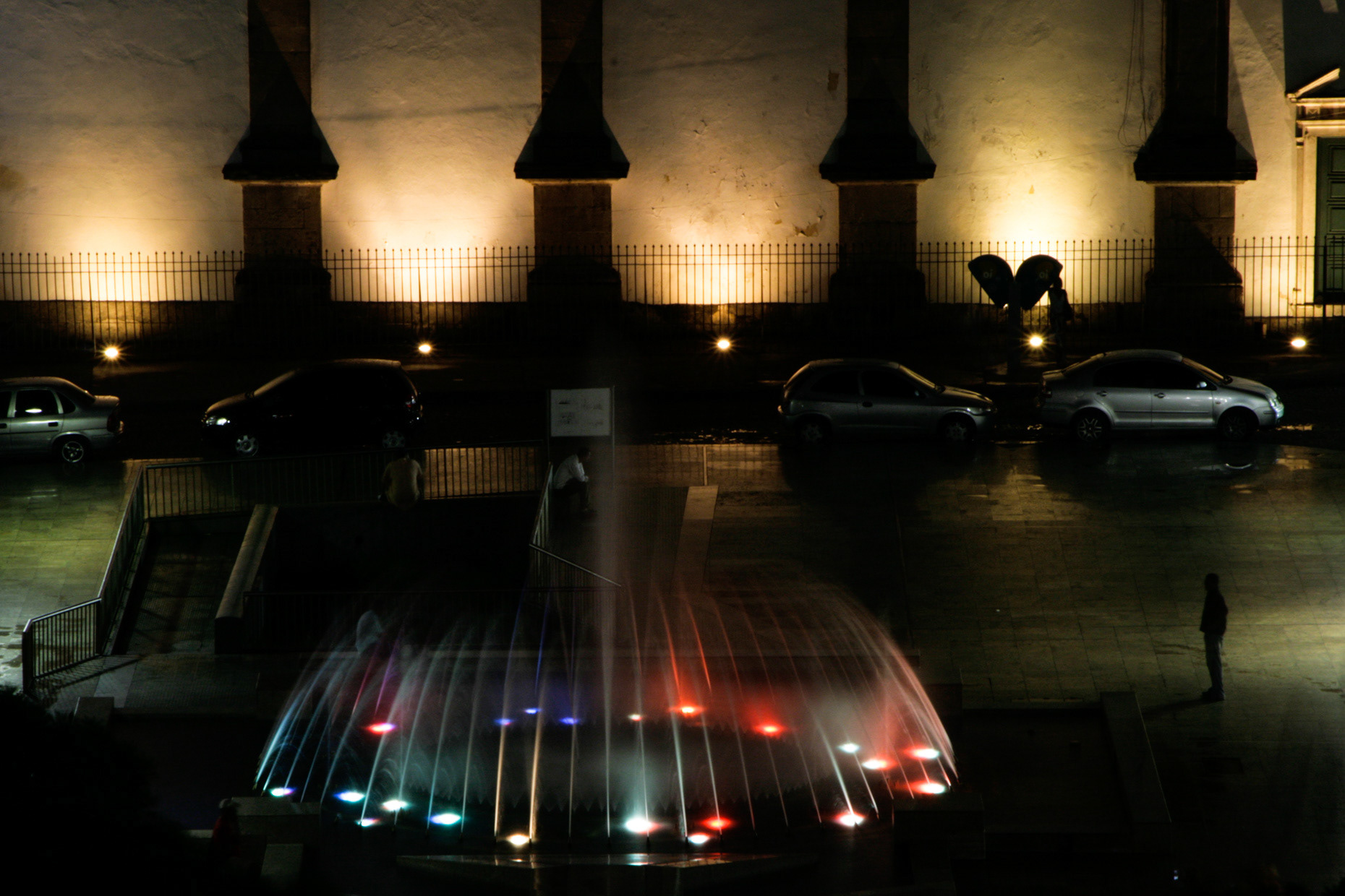 Evening scene at an illuminated fountain in April 2009. Salvador de Bahia, Brazil.