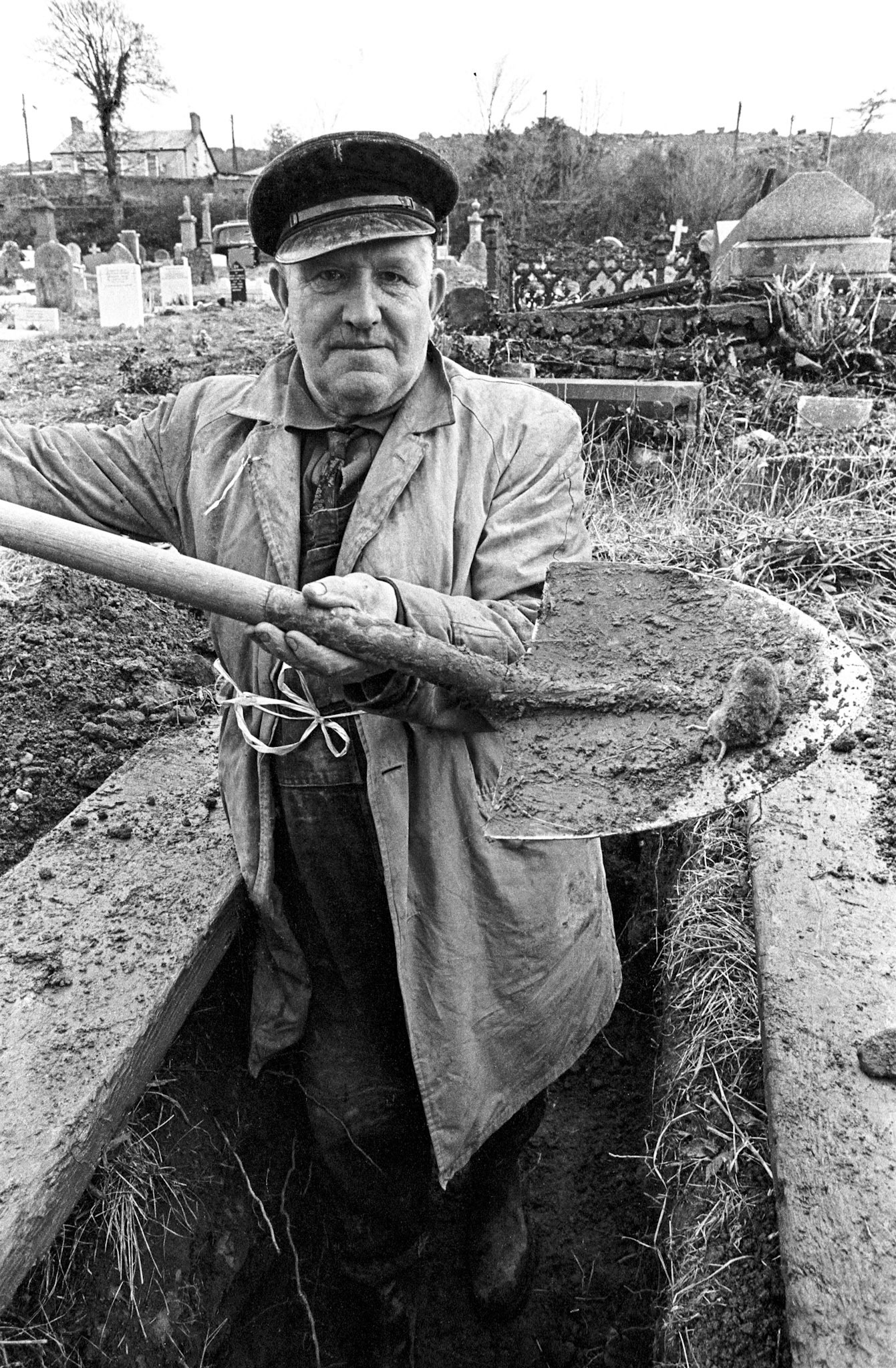 Tommy Gravedigger removing a dead mouse from a grave – Mice often fall into open graves at night and are invariable found dead in the morning. Tommy had buried over 7,000 at Cefn Cemetery. He was the caretaker of the dead from Heolgerrig. He knew where every family was buried. His wife had died twenty years earlier after choking on an apple. He gave her a lovely spot, he said, sheltered by the trees. Occasionally when he walked around the cemetery his attention would inexplicably be drawn to a gravestone. It was a sign that there was going to be a death in that family, he claimed.