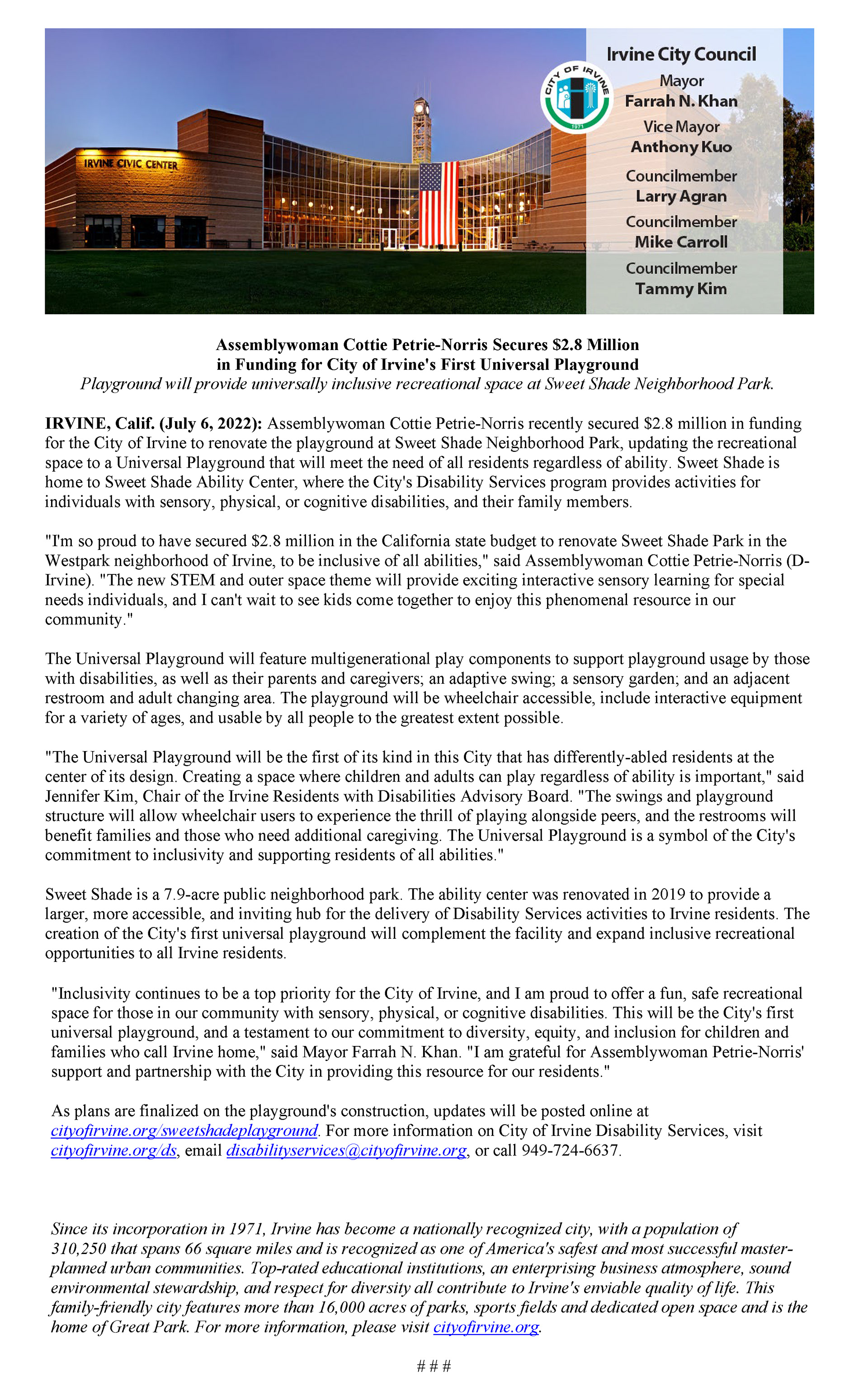 City of Irvine Press Release