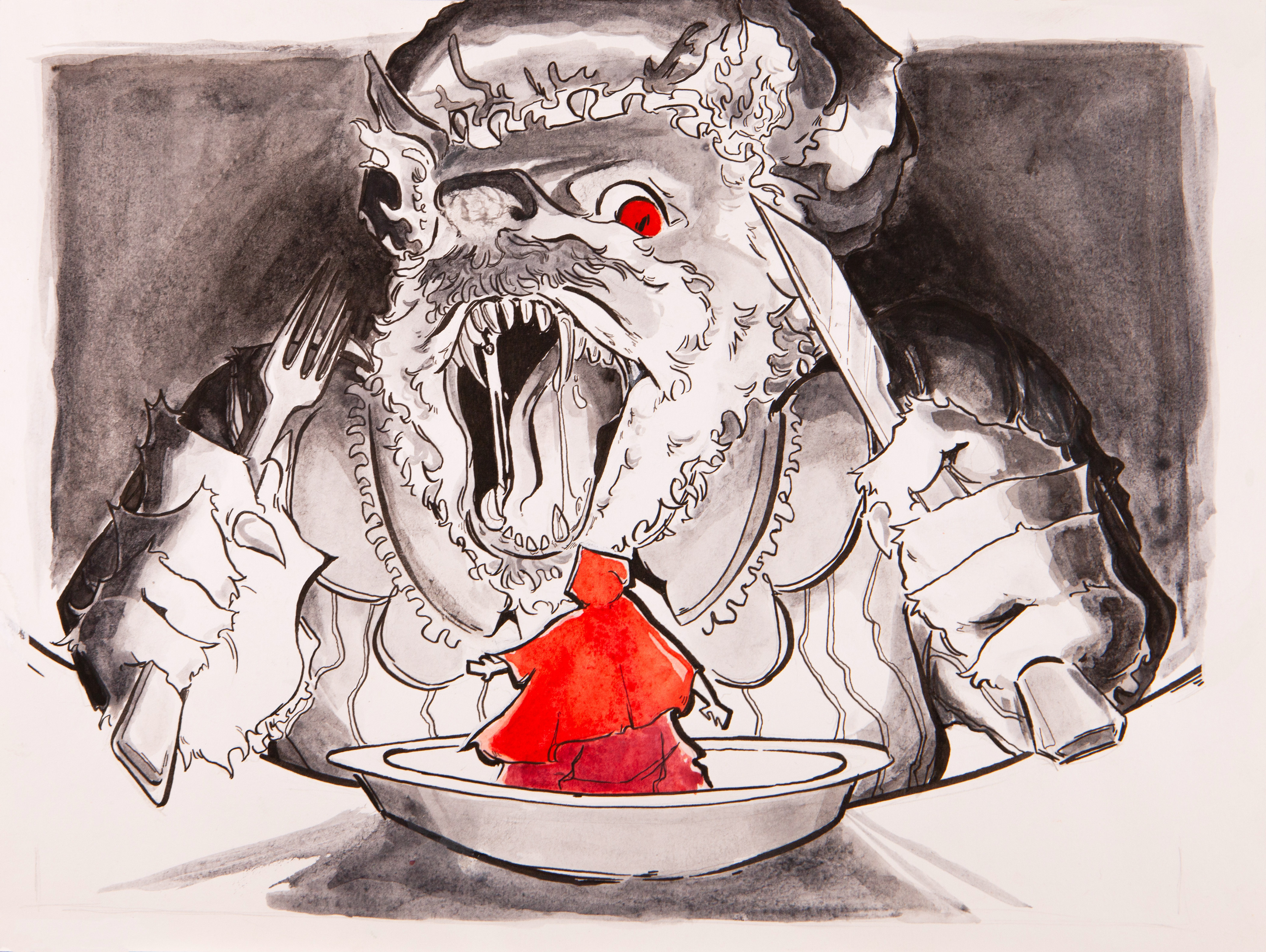 "Hey, Little Red." 9”x12”, ink and watercolor, 2022