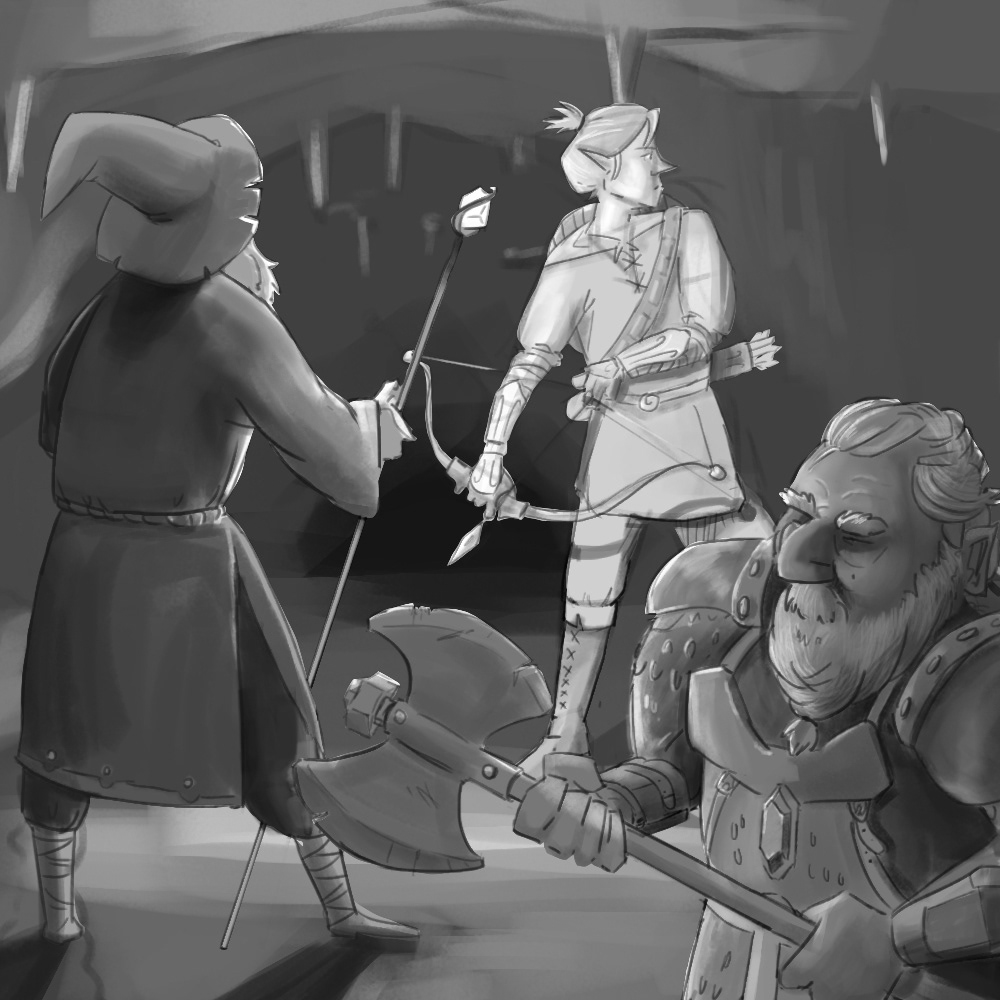 A party explores a dungeon.