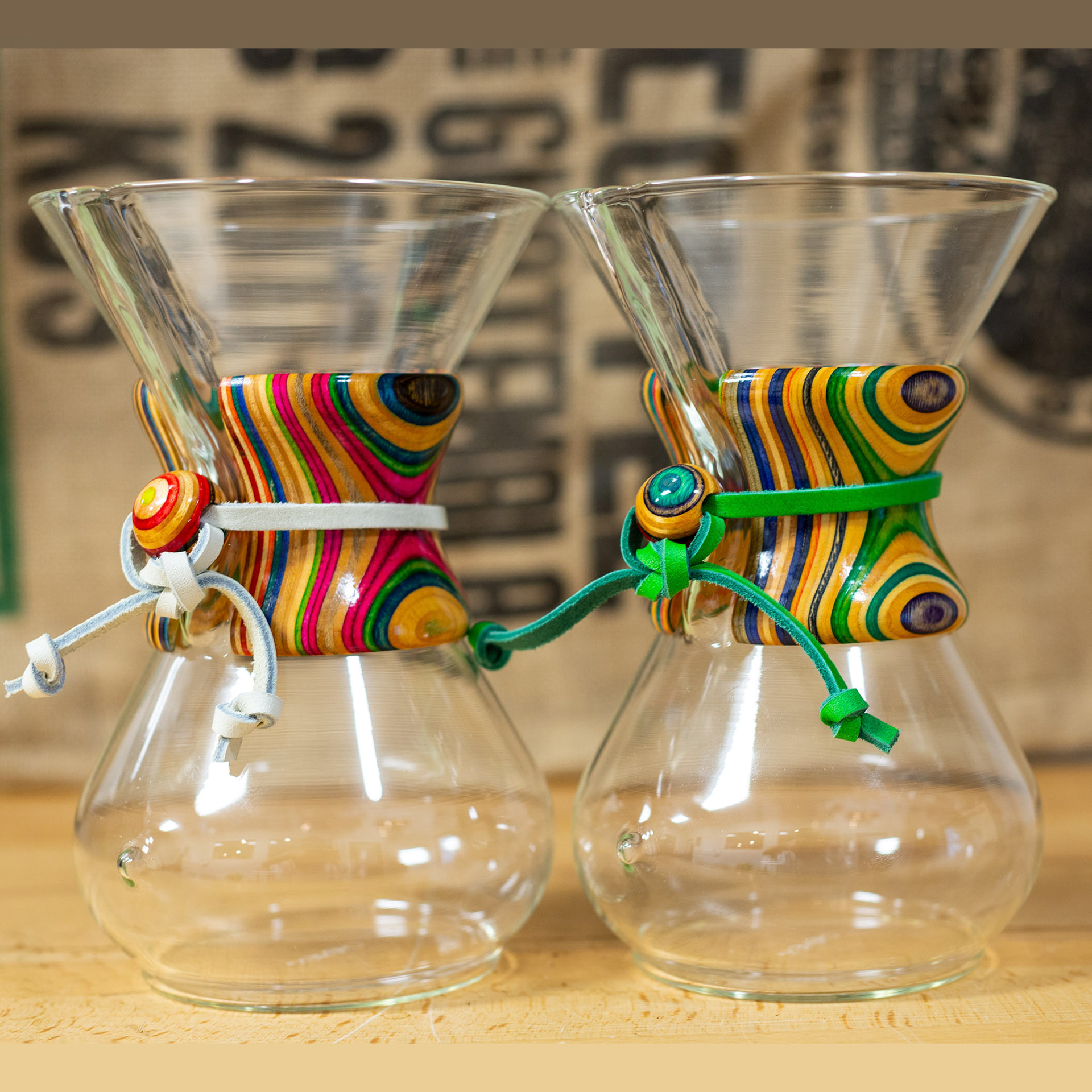 Recycled skateboards turned into Chemex collars. Photo featured on PlayJunkie Article "MAN CONVERTS OLD SKATEBOARDS INTO COOL EVERYDAY ITEMS"