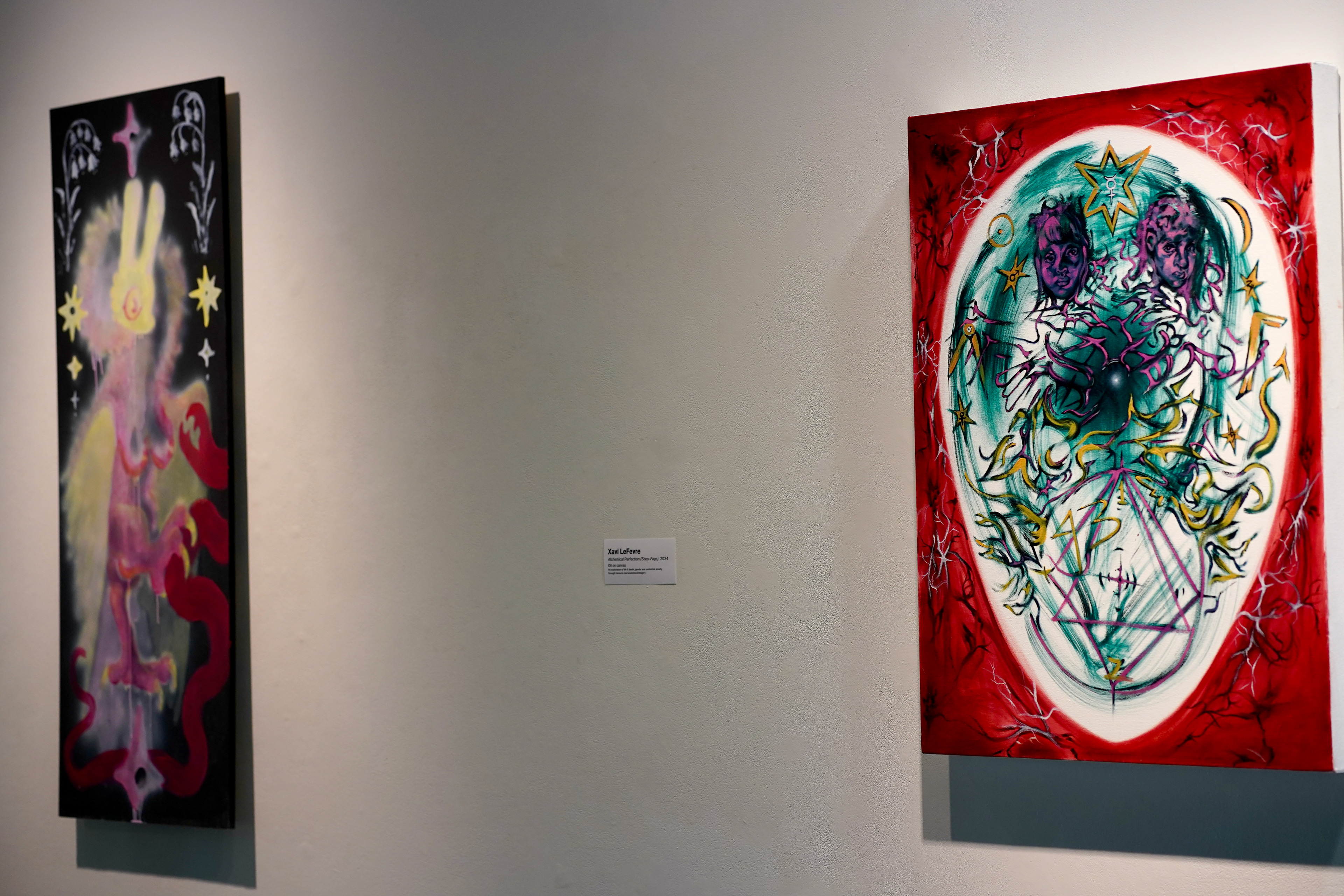 (left) Val Courrege, Return to Happiness, 2024, Oil Paint over Airbrush and (right) Xavi LeFevre, Alchemical Perfection (Sissy-Fags), 2024, Oil on Canvas