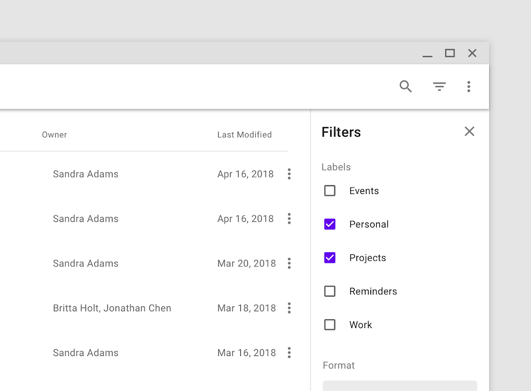 This image is taken from the Material Design docs and shows the filtering sheet being opened with an icon in the header. See https://material.io/components/sheets-side#usage