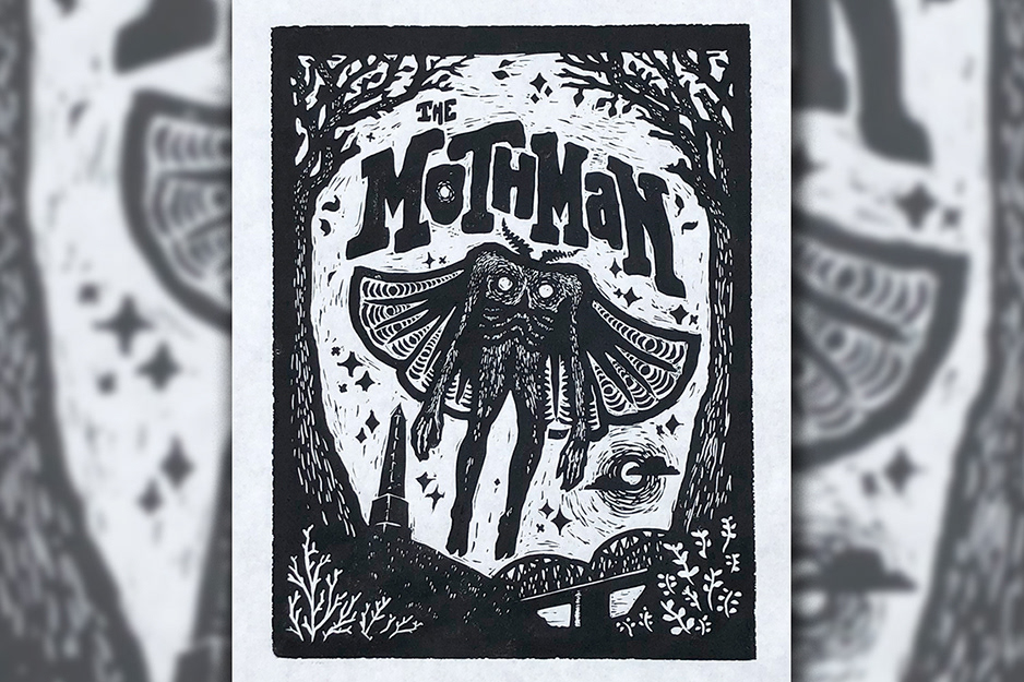 The Mothman, 9x12” linocut