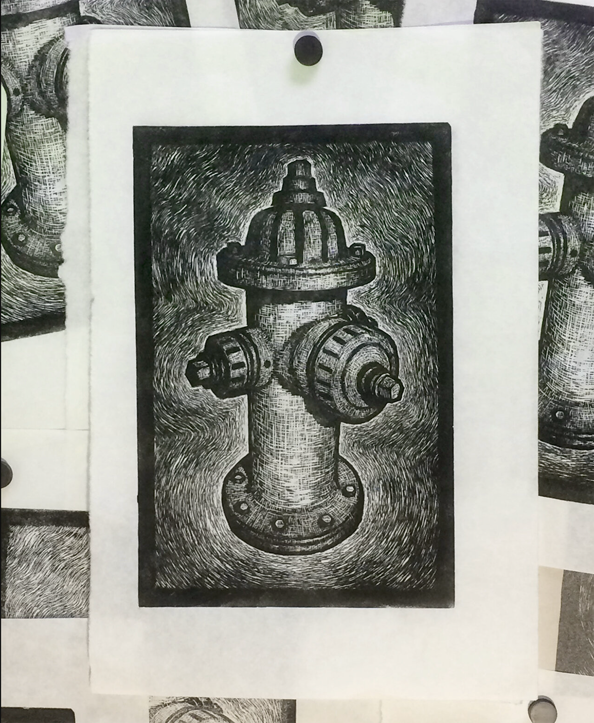 Hydrant, 6x9" linocut