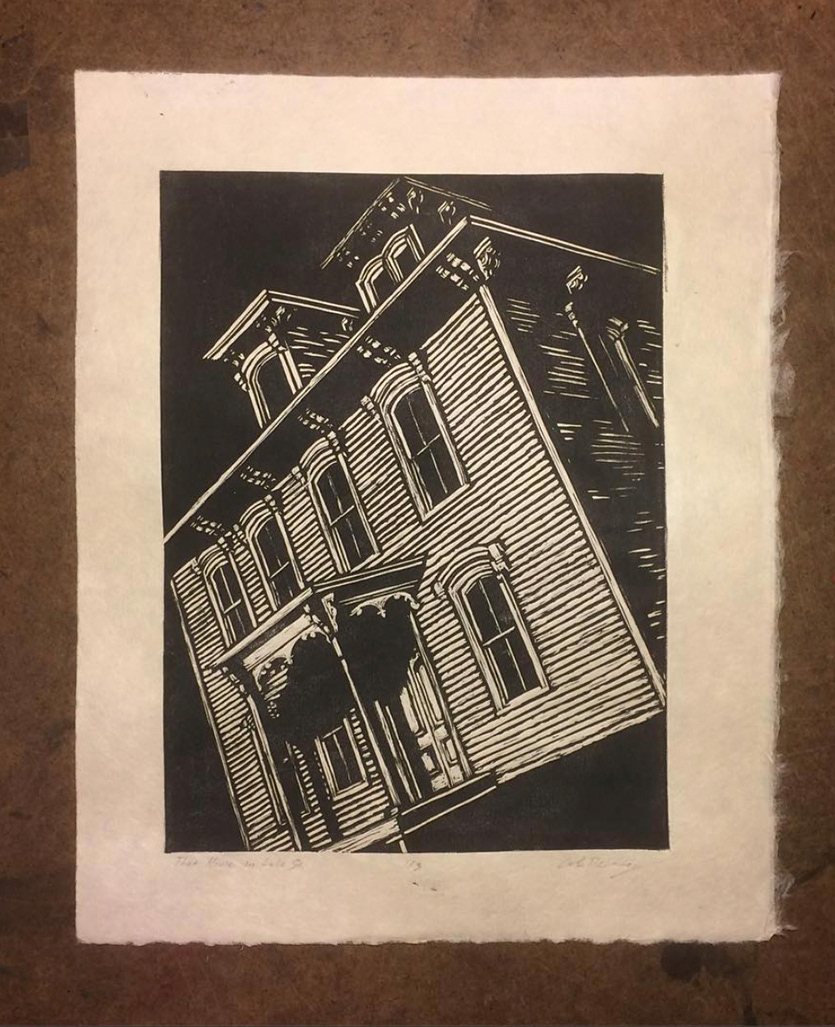 That House on Lake St., 8x6” linocut on 9x12” paper