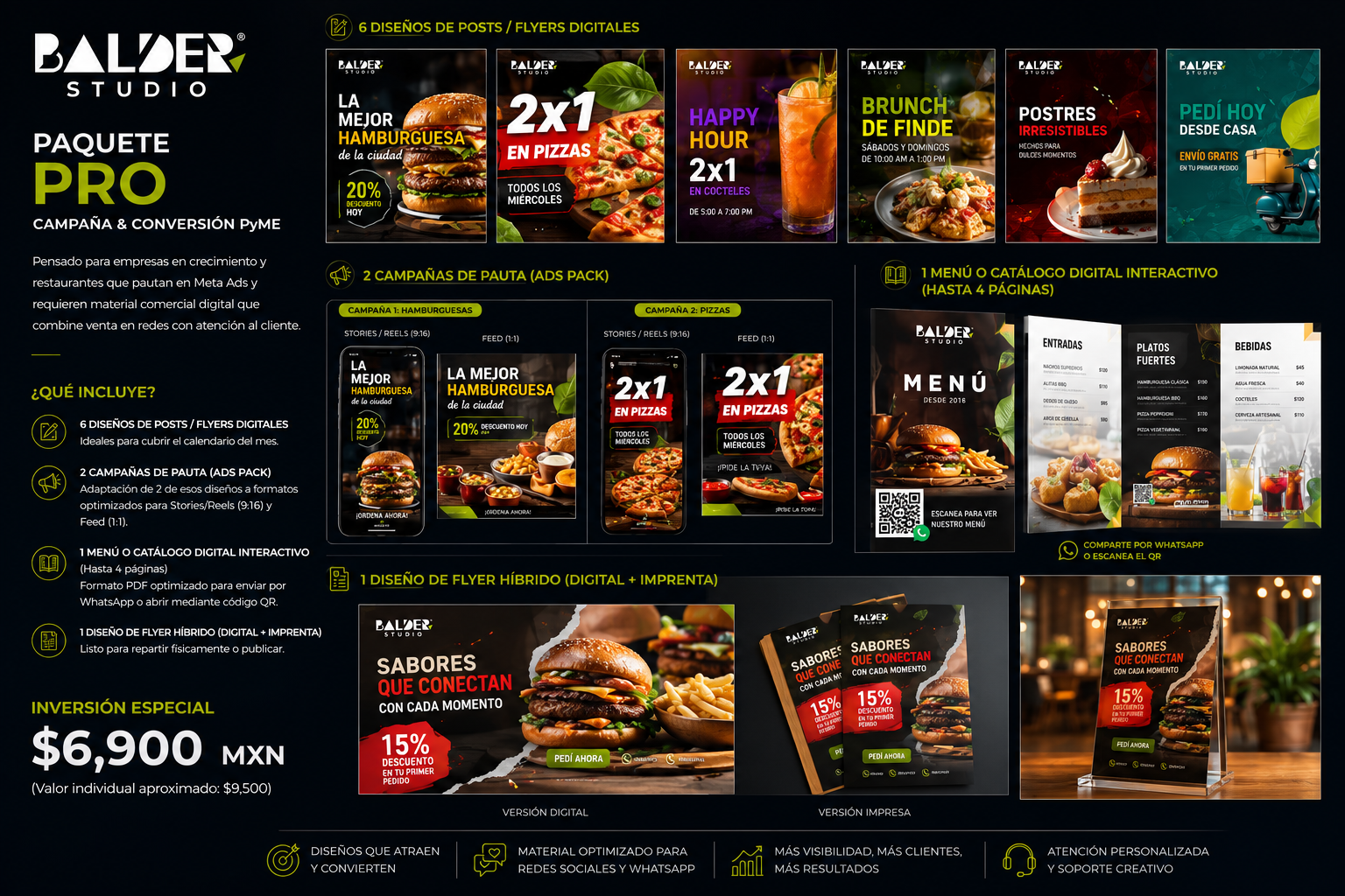 Pensado para empresas en crecimiento y restaurantes que pautan en Meta Ads y requieren material comercial digital que combine venta en redes con atención al cliente. ¿Qué incluye?  6 Diseños de Posts / Flyers Digitales: Ideales para cubrir el calendario del mes. 2 Campañas de Pauta (Ads Pack): Adaptación de 2 de esos diseños a formatos optimizados para Stories/Reels (9:16) y Feed (1:1). 1 Menú o Catálogo Digital Interactivo (Hasta 4 páginas): Formato PDF optimizado para enviar por WhatsApp o abrir mediante código QR. 1 Diseño de Flyer Híbrido (Digital + Imprenta): Listo para repartir físicamente o publicar. Inversión Especial: $6,900 MXN (Valor individual aproximado: $9,500)