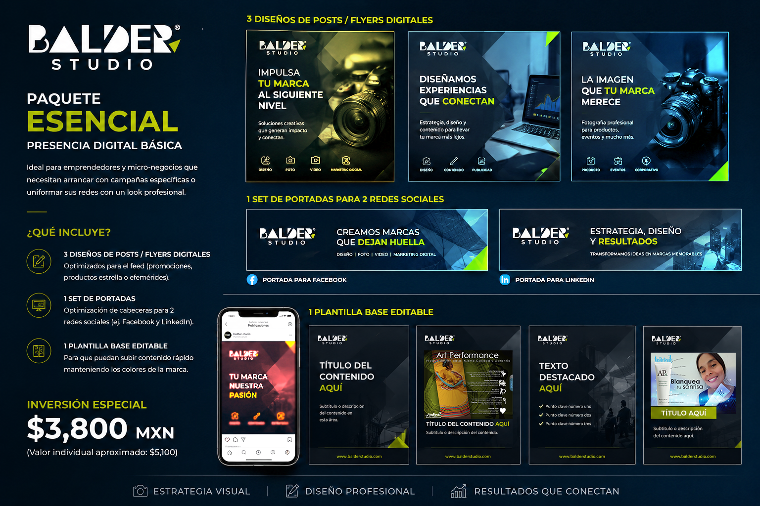 Ideal para emprendedores y micro-negocios que necesitan arrancar con campañas específicas o uniformar sus redes con un look profesional. ¿Qué incluye?  3 Diseños de Posts / Flyers Digitales: Optimizados para el feed (promociones, productos estrella o efemérides). 1 Set de Portadas: Optimización de cabeceras para 2 redes sociales (ej. Facebook y LinkedIn). 1 Plantilla Base Editable: Para que puedan subir contenido rápido manteniendo los colores de la marca. Inversión Especial: $3,800 MXN (Valor individual aproximado: $5,100).