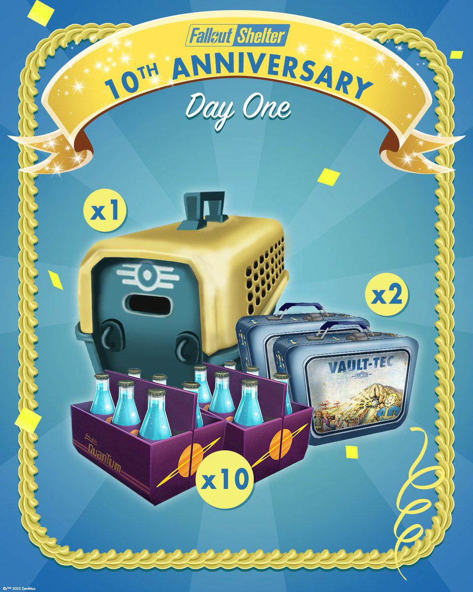 Fallout Shelter 10th Anniversary In-Game Gifts Day 1 Graphic for Social Media