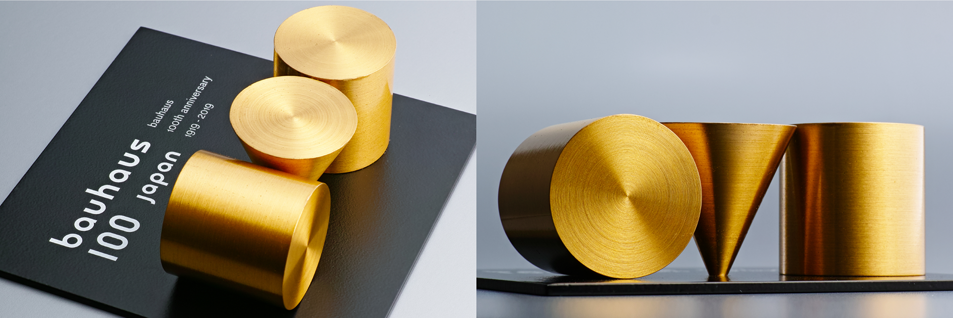 真鍮で作られた「bauhaus100 japan」のオブジェとロゴタイプを斜めから見た2つのシーン